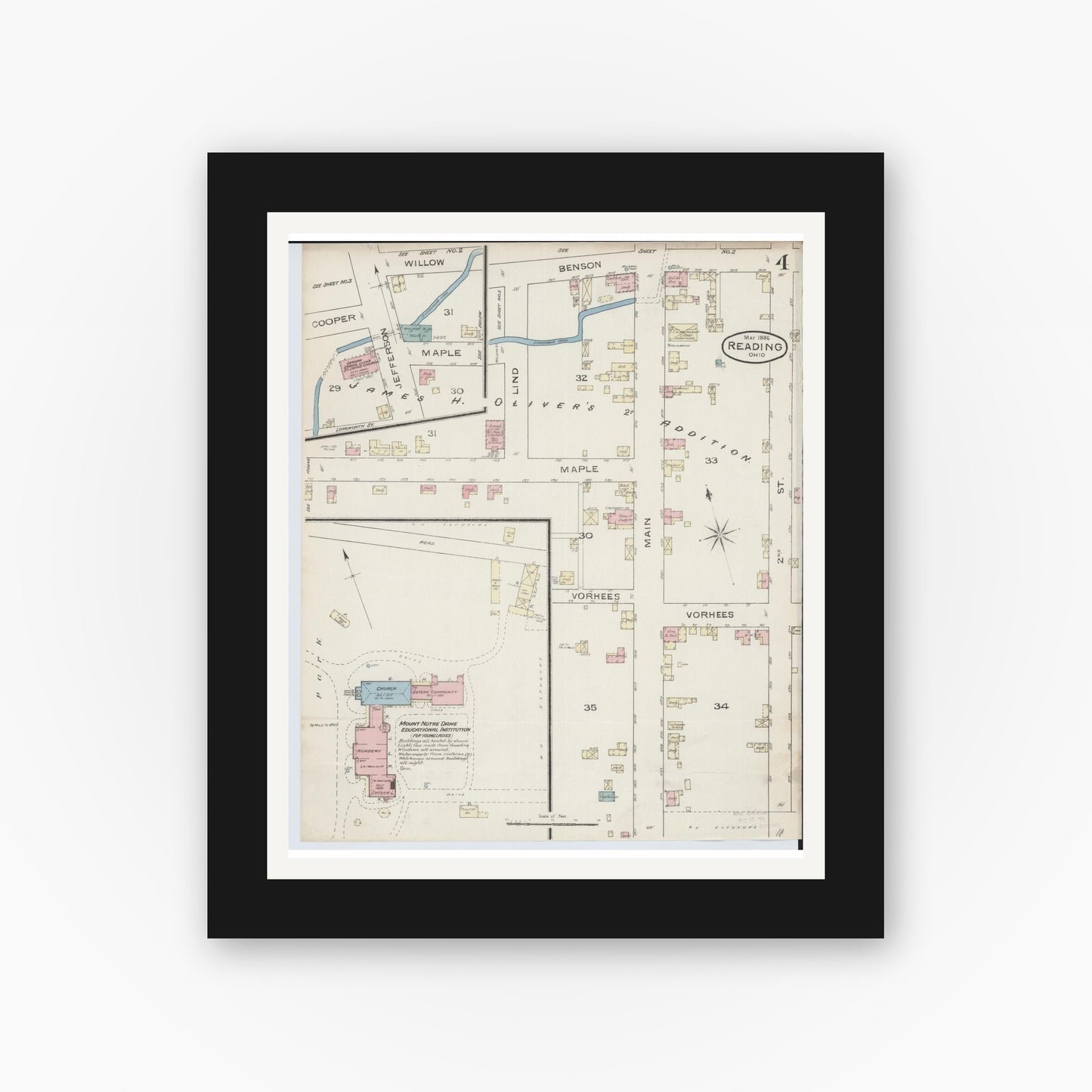 Old map wall art mockup — black gallery frame with white mat — Sanborn Fire Insurance Map from Reading, Hamilton County, Ohio (1886), Sheet #0004