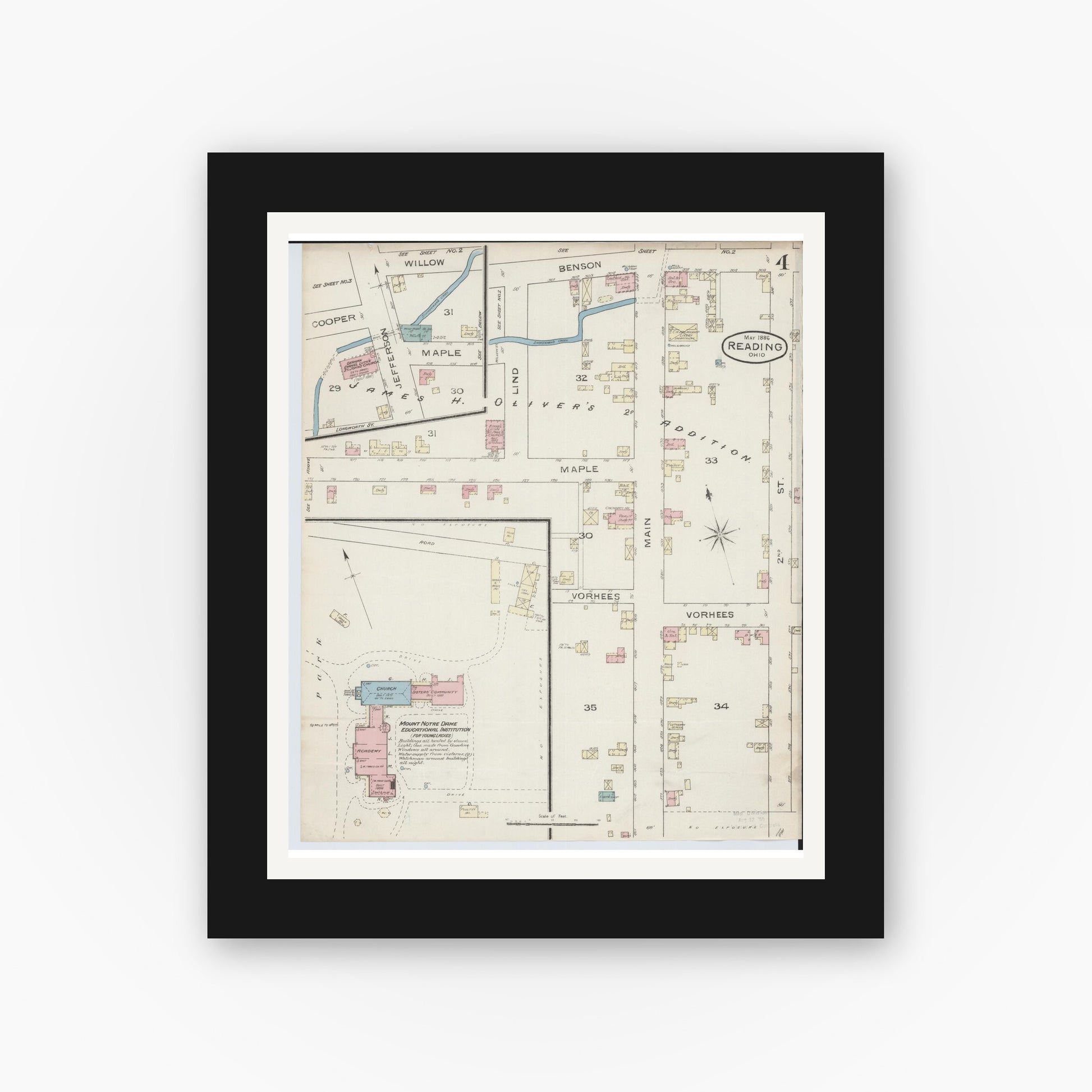 Old map wall art mockup — black gallery frame with white mat — Sanborn Fire Insurance Map from Reading, Hamilton County, Ohio (1886), Sheet #0004