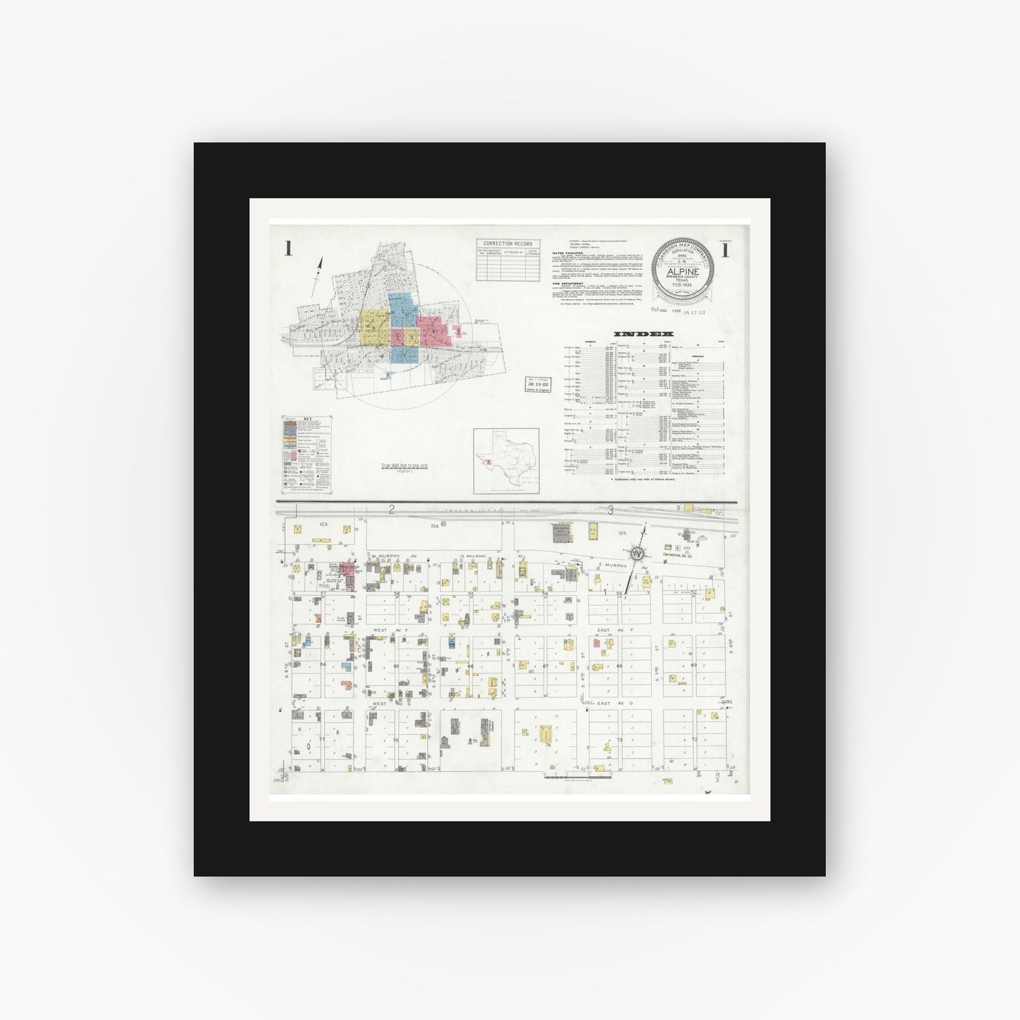 Old map wall art mockup — black gallery frame with white mat — Sanborn Fire Insurance Map from Alpine, Brewster County, Texas (1933), Sheet #0001
