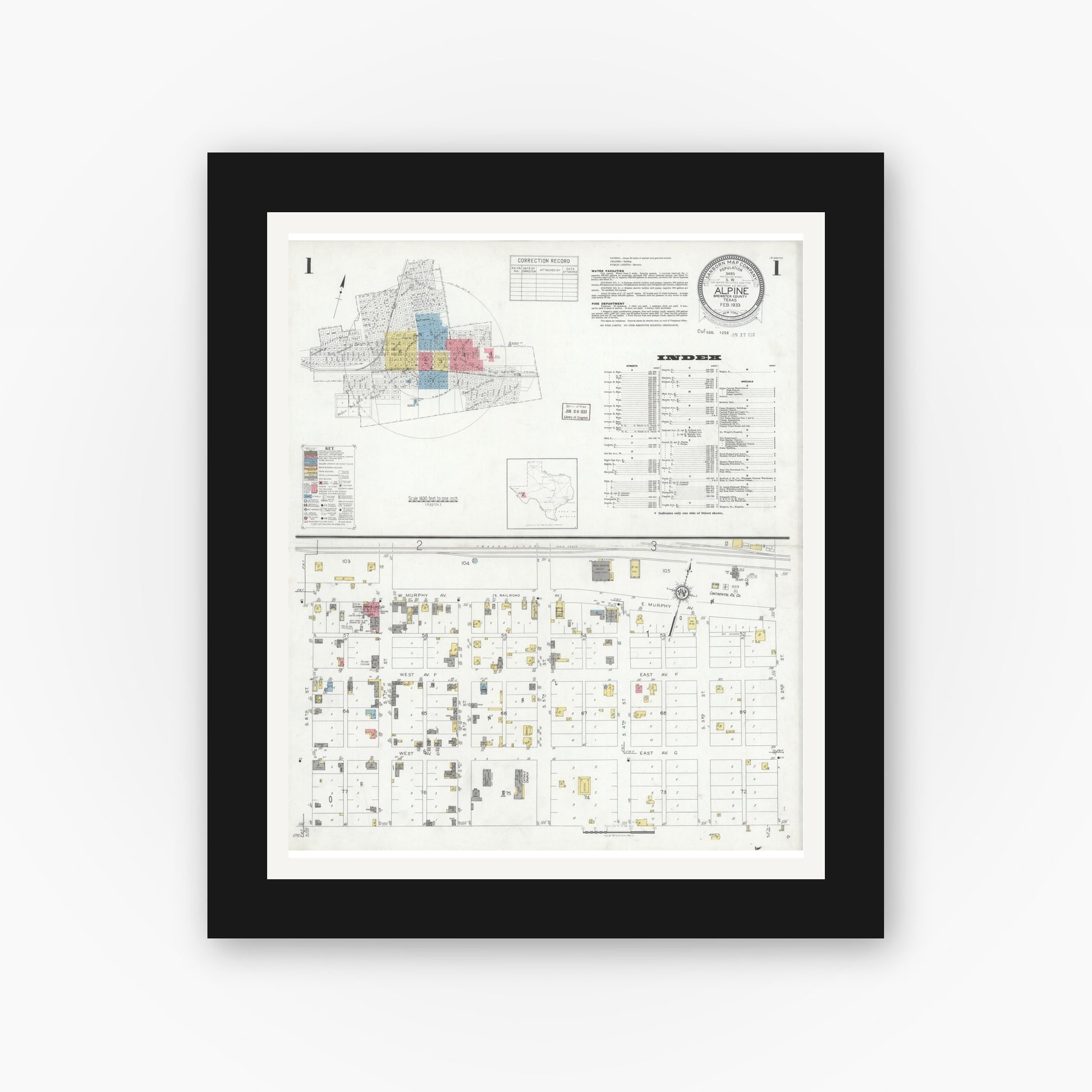 Old map wall art mockup — black gallery frame with white mat — Sanborn Fire Insurance Map from Alpine, Brewster County, Texas (1933), Sheet #0001