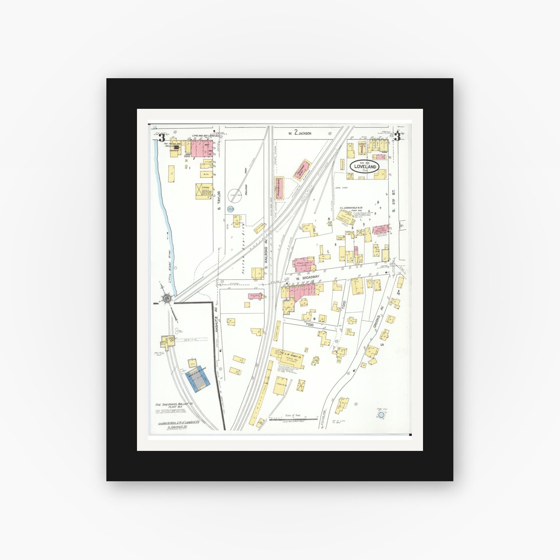 Old map wall art mockup — black gallery frame with white mat — Sanborn Fire Insurance Map from Loveland, Clermont, Hamilton, And Warren County, Ohio (1923), Sheet #0003