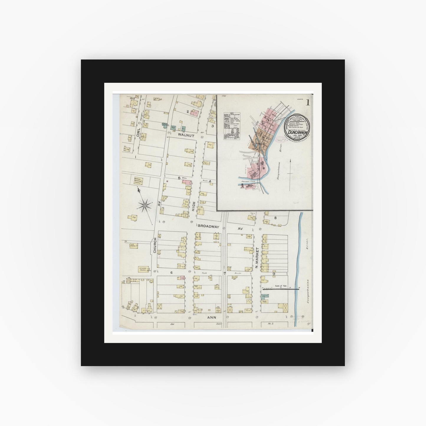 Old map wall art mockup — black gallery frame with white mat — Sanborn Fire Insurance Map from Duncannon, Perry County, Pennsylvania (1888), Sheet #0001