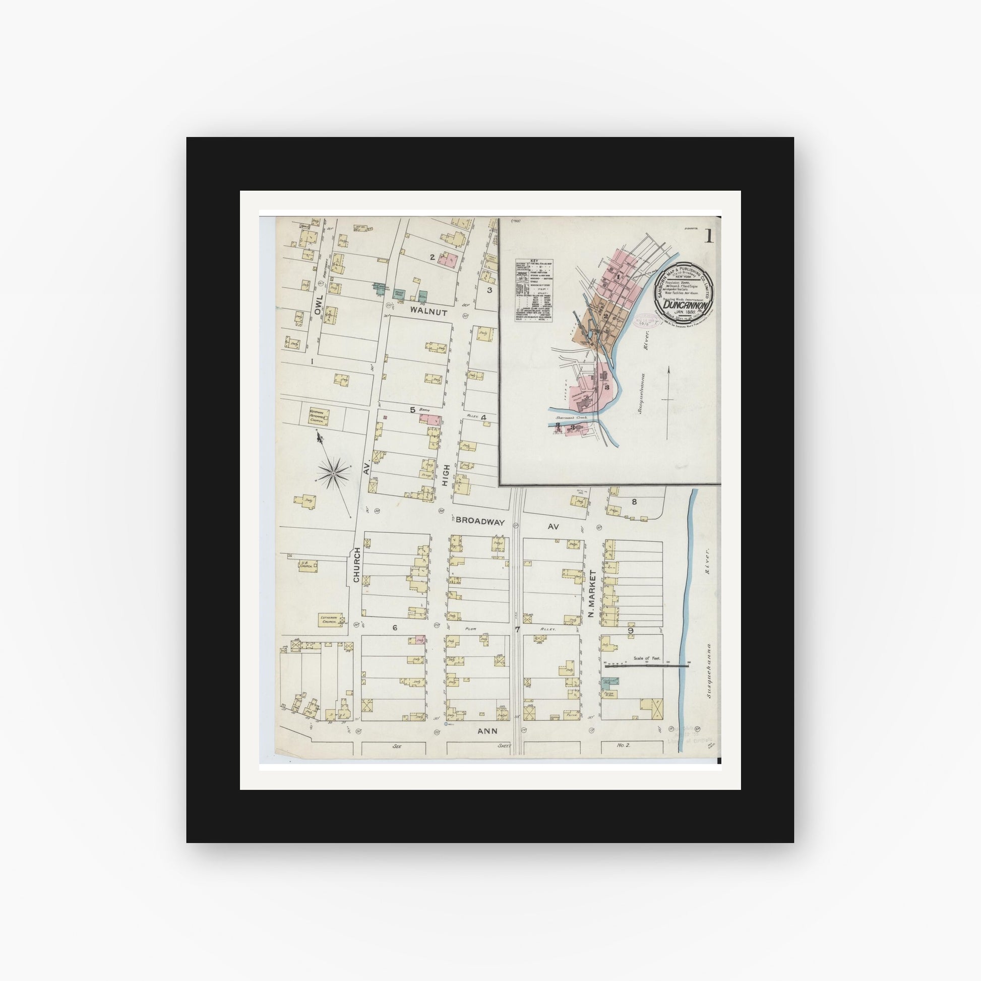 Old map wall art mockup — black gallery frame with white mat — Sanborn Fire Insurance Map from Duncannon, Perry County, Pennsylvania (1888), Sheet #0001