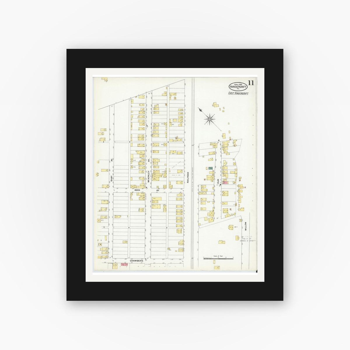 Old map wall art mockup — black gallery frame with white mat — Sanborn Fire Insurance Map from Vandergrift, Westmoreland County, Pennsylvania (1909), Sheet #0011