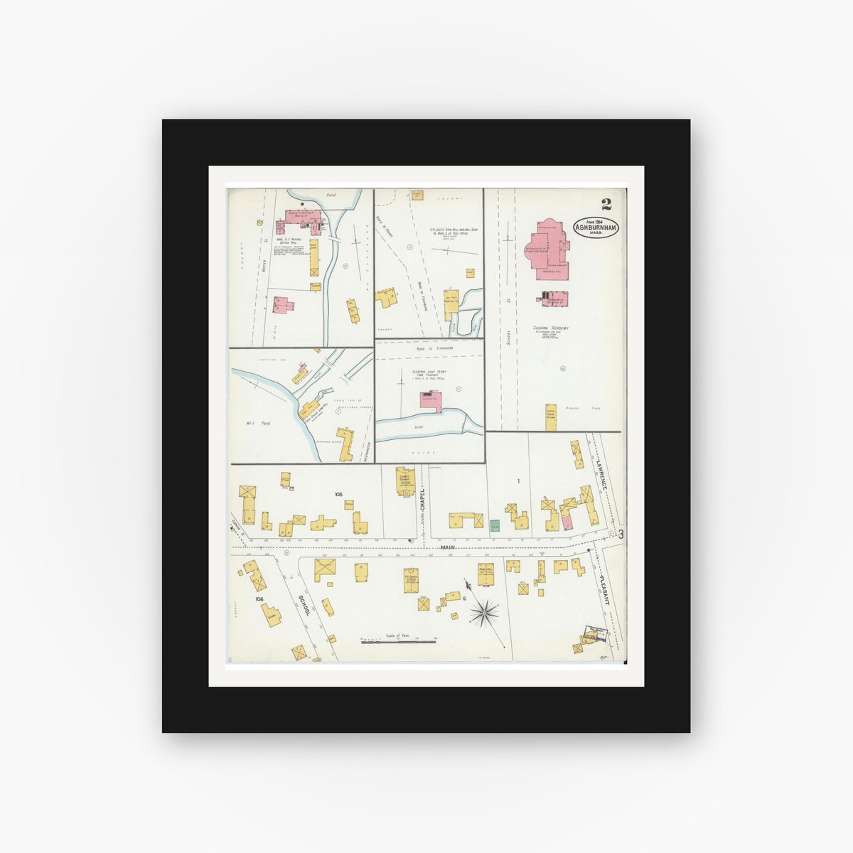 Old map wall art mockup — black gallery frame with white mat — Sanborn Fire Insurance Map from Ashburnham, Worcester County, Massachusetts (1904), Sheet #0002