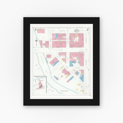 Old map wall art mockup — black gallery frame with white mat — Sanborn Fire Insurance Map from Owosso, Shiawassee County, Michigan (1930), Sheet #0002