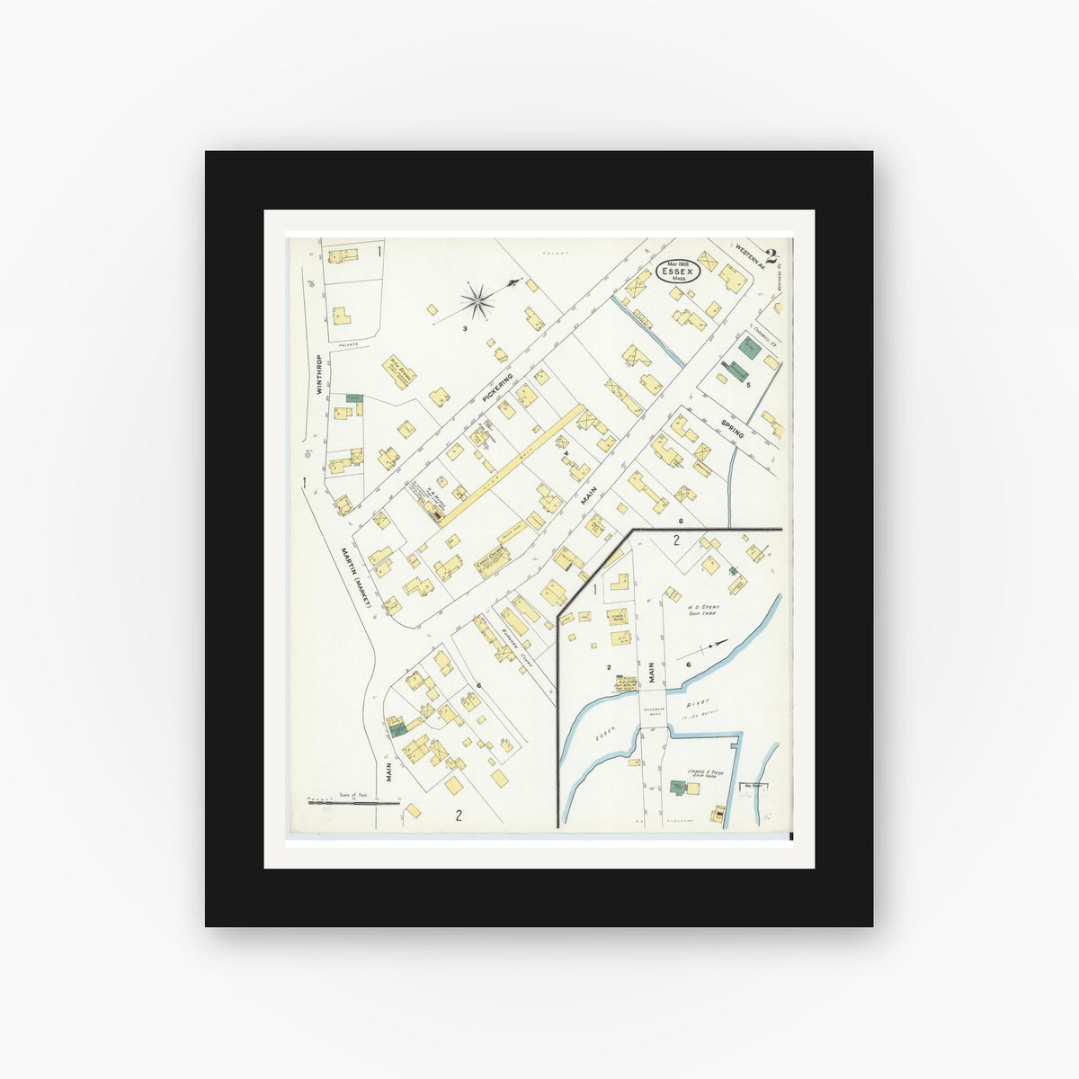 Old map wall art mockup — black gallery frame with white mat — Sanborn Fire Insurance Map from Essex, Essex County, Massachusetts (1909), Sheet #0002