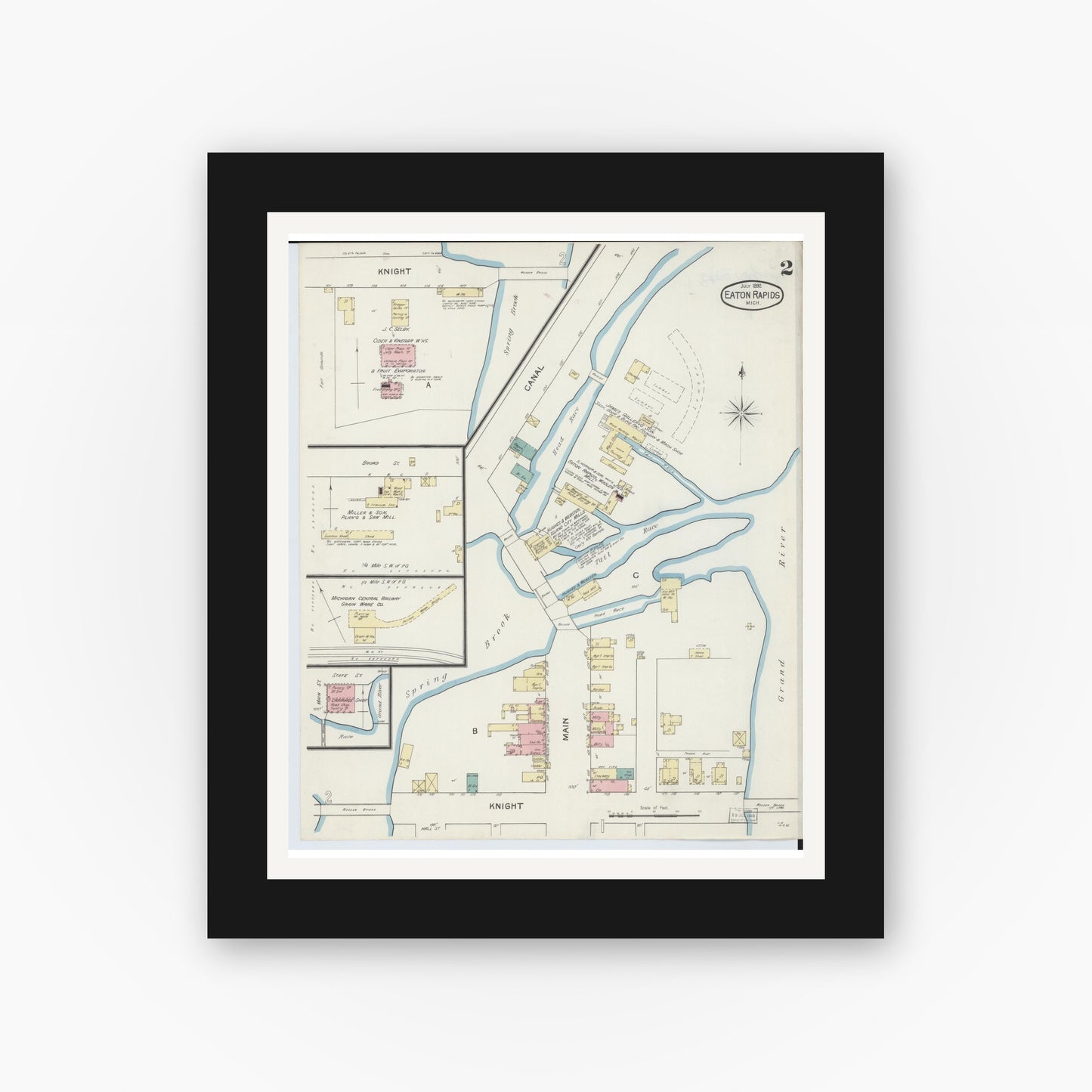 Old map wall art mockup — black gallery frame with white mat — Sanborn Fire Insurance Map from Eaton Rapids, Eaton County, Michigan (1892), Sheet #0002
