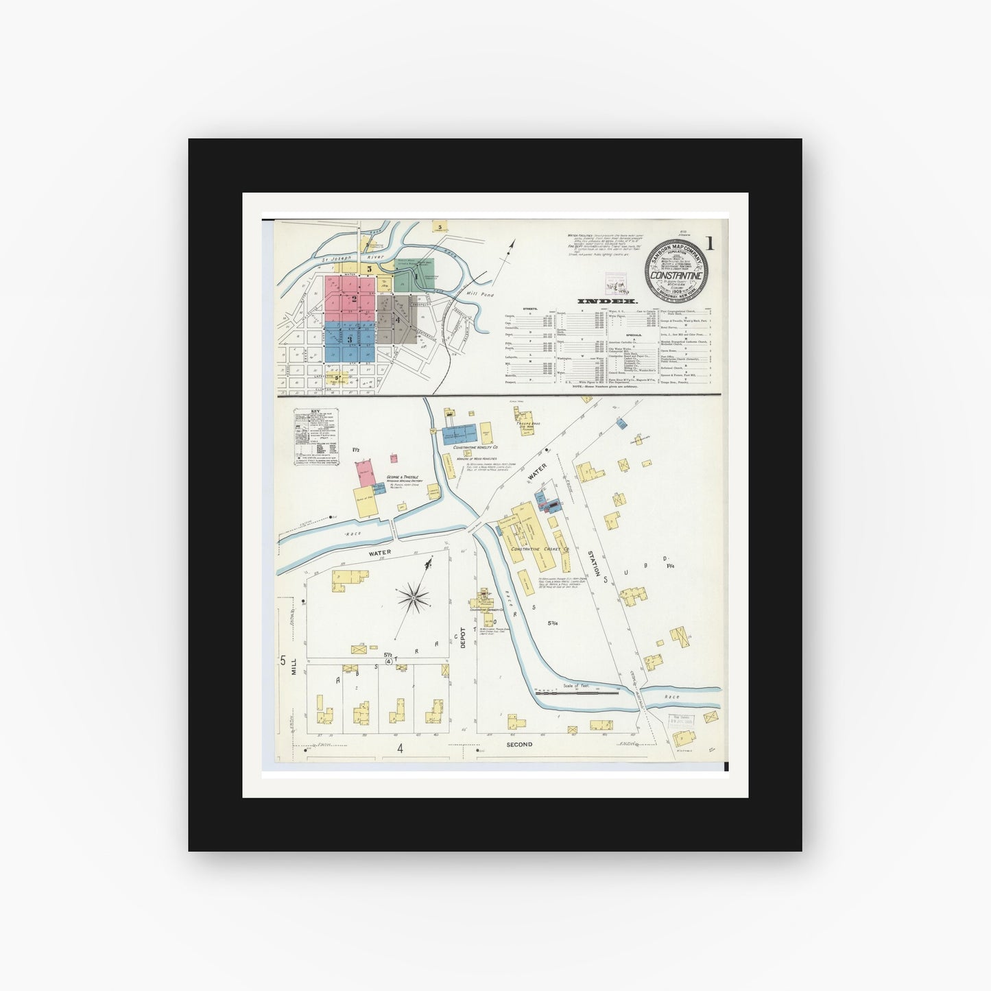 Old map wall art mockup — black gallery frame with white mat — Sanborn Fire Insurance Map from Constantine, Saint Joseph County, Michigan (1909) - Complete Map Set