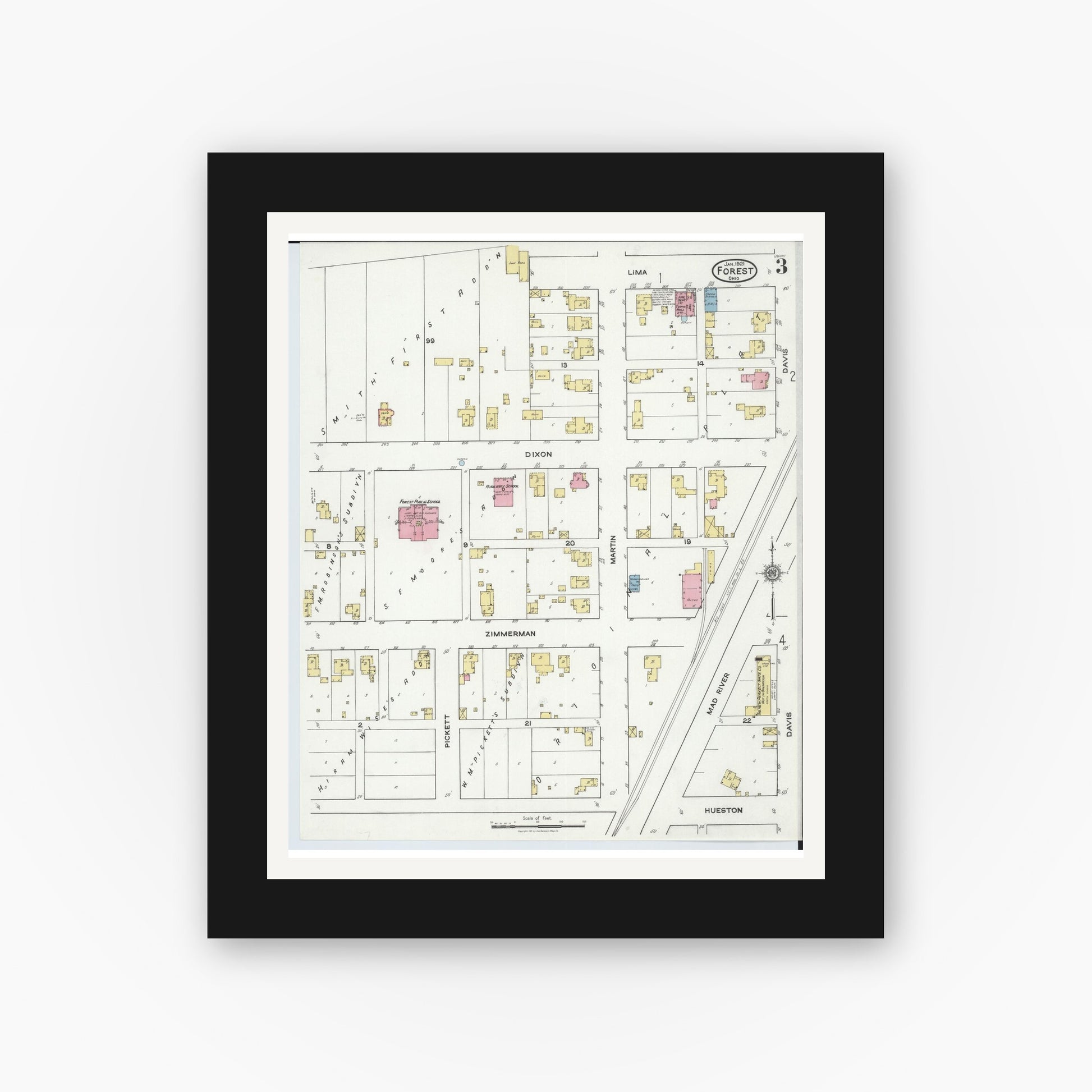 Old map wall art mockup — black gallery frame with white mat — Sanborn Fire Insurance Map from Forest, Hardin County, Ohio (1921), Sheet #0003
