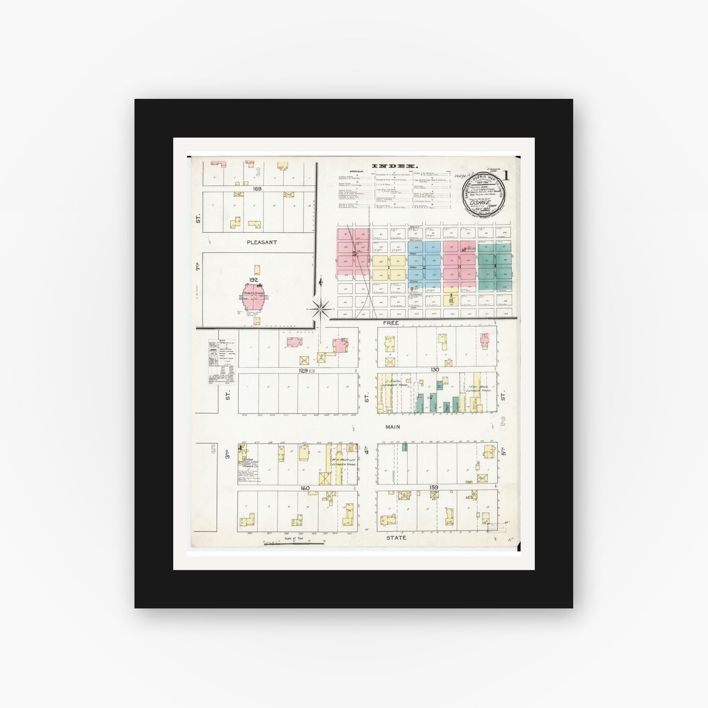Old map wall art mockup — black gallery frame with white mat — Sanborn Fire Insurance Map from Osage, Mitchell County, Iowa (1892) â€” Complete Set