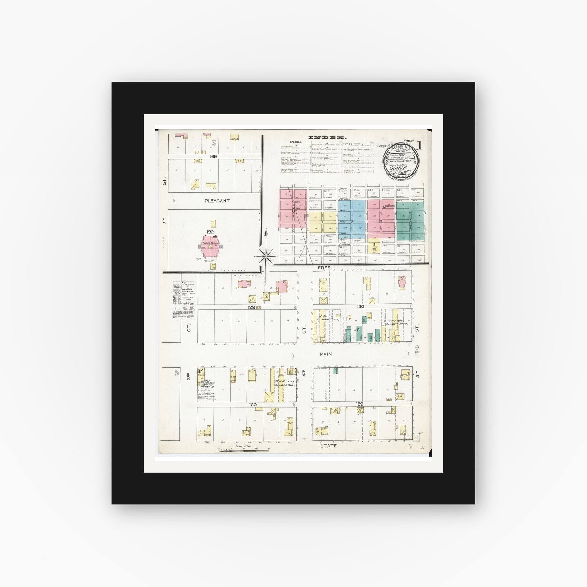 Old map wall art mockup — black gallery frame with white mat — Sanborn Fire Insurance Map from Osage, Mitchell County, Iowa (1892) â€” Complete Set
