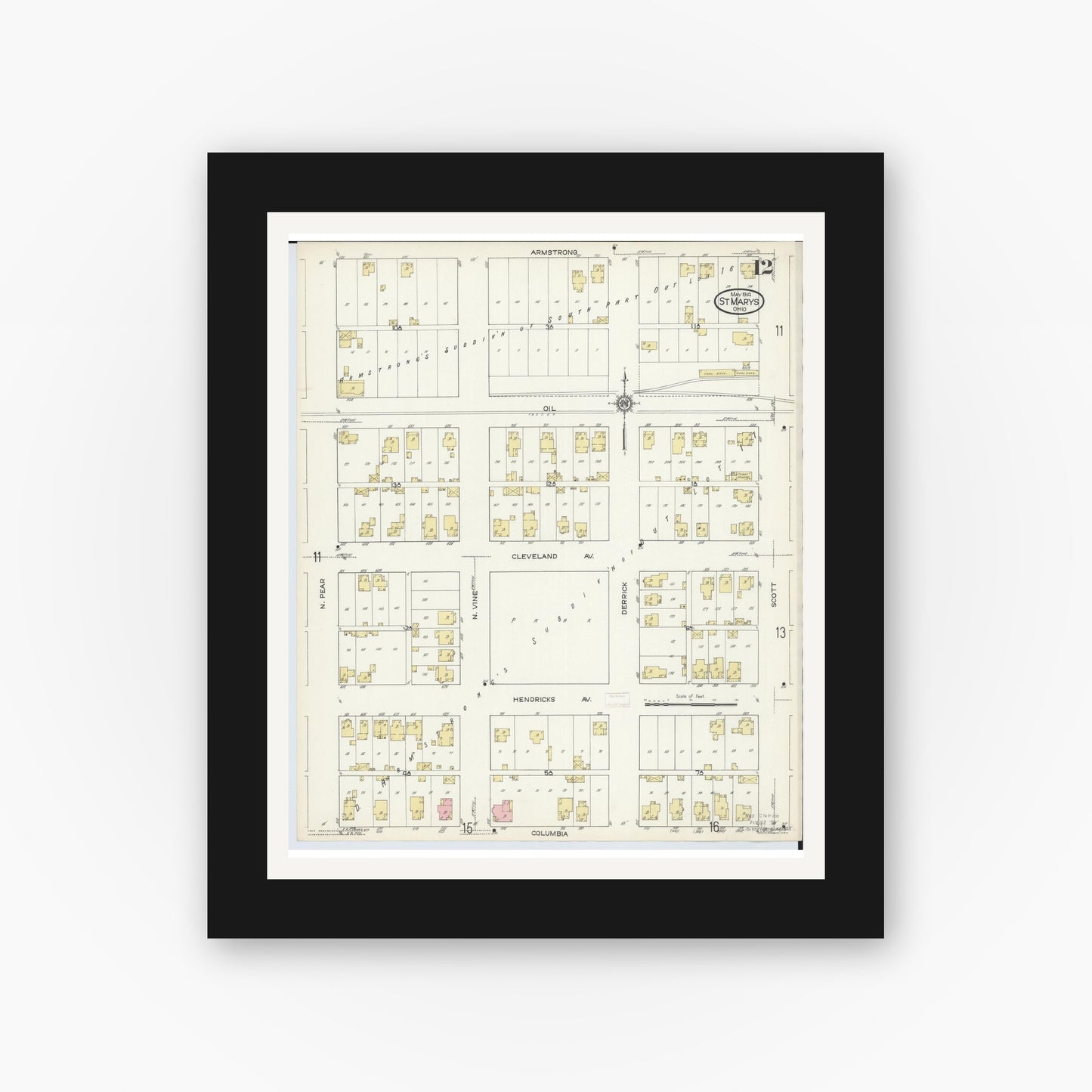 Old map wall art mockup — black gallery frame with white mat — Sanborn Fire Insurance Map from Saint Marys, Auglaize County, Ohio (1914), Sheet #0012