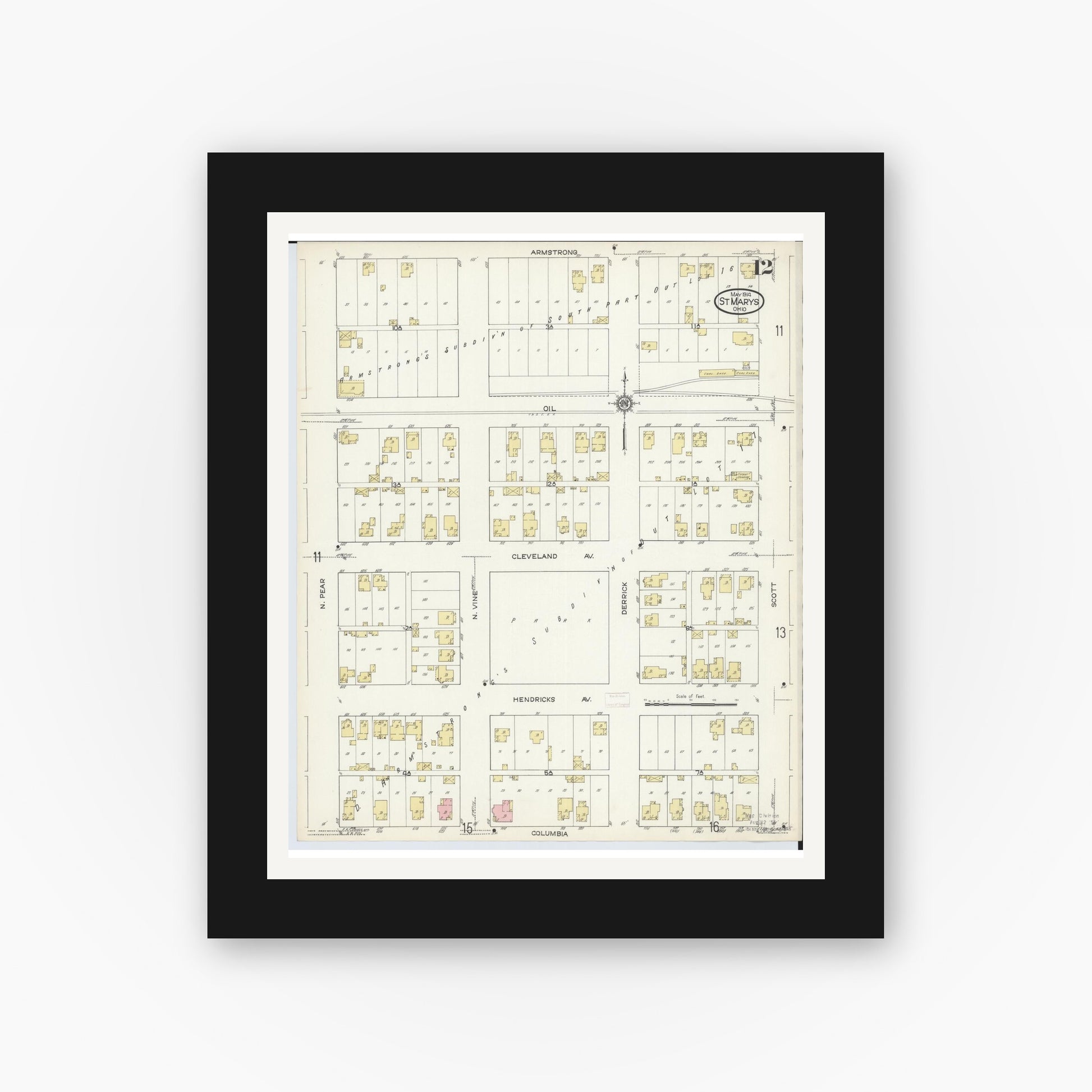 Old map wall art mockup — black gallery frame with white mat — Sanborn Fire Insurance Map from Saint Marys, Auglaize County, Ohio (1914), Sheet #0012