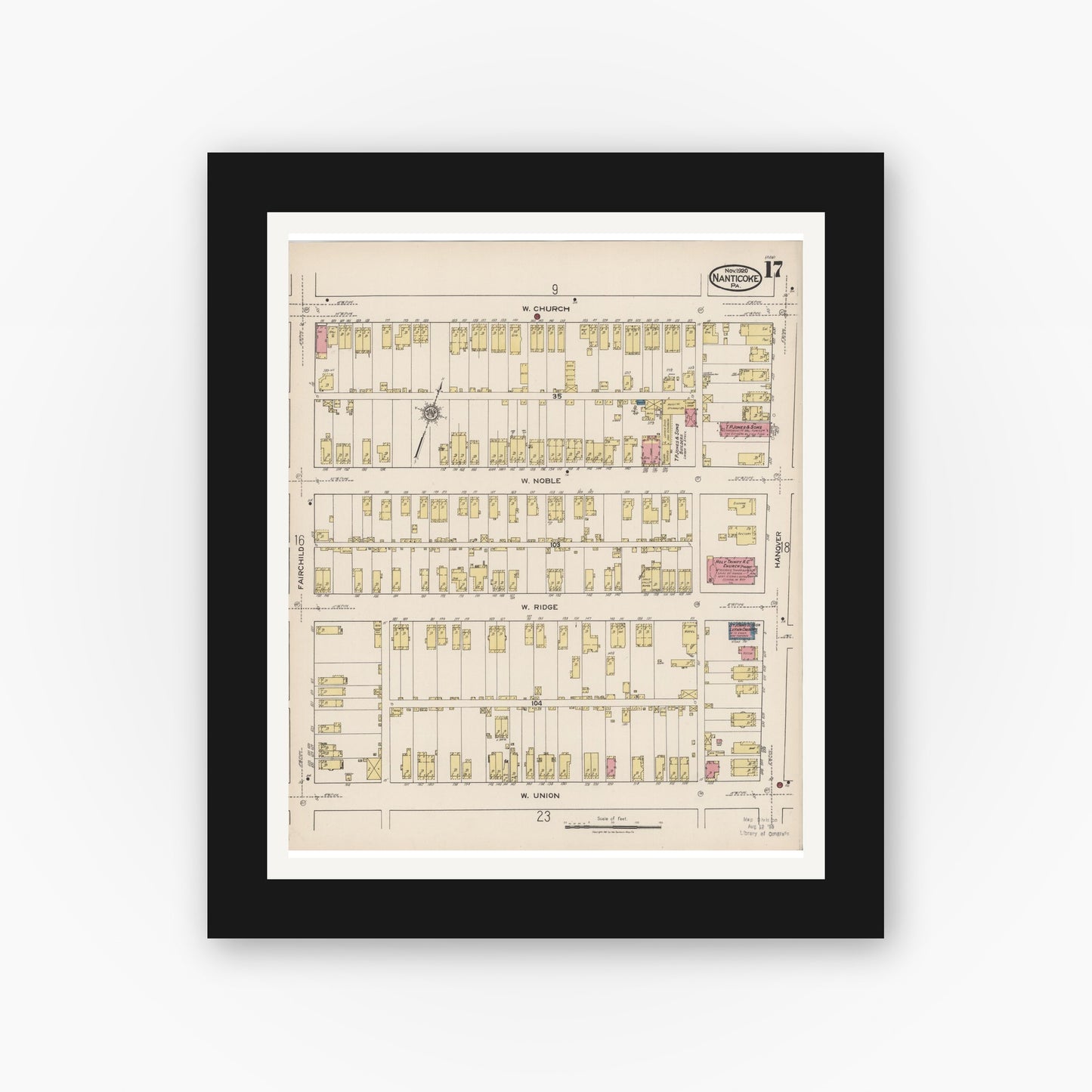 Old map wall art mockup — black gallery frame with white mat — Sanborn Fire Insurance Map from Nanticoke, Luzerne County, Pennsylvania (1920), Sheet #0017