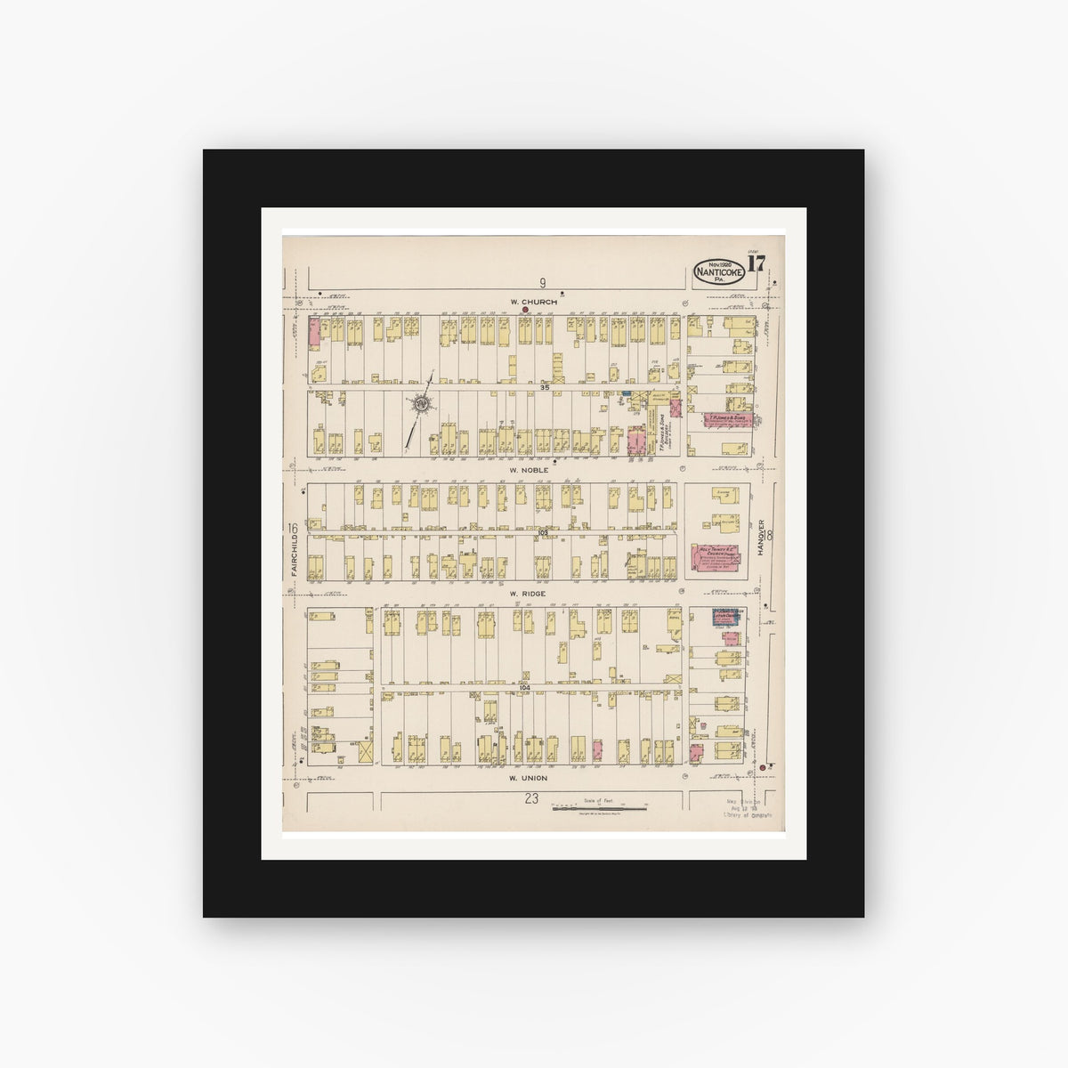 Old map wall art mockup — black gallery frame with white mat — Sanborn Fire Insurance Map from Nanticoke, Luzerne County, Pennsylvania (1920), Sheet #0017