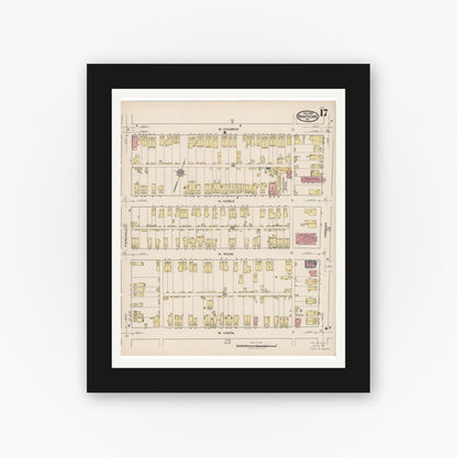Old map wall art mockup — black gallery frame with white mat — Sanborn Fire Insurance Map from Nanticoke, Luzerne County, Pennsylvania (1920), Sheet #0017