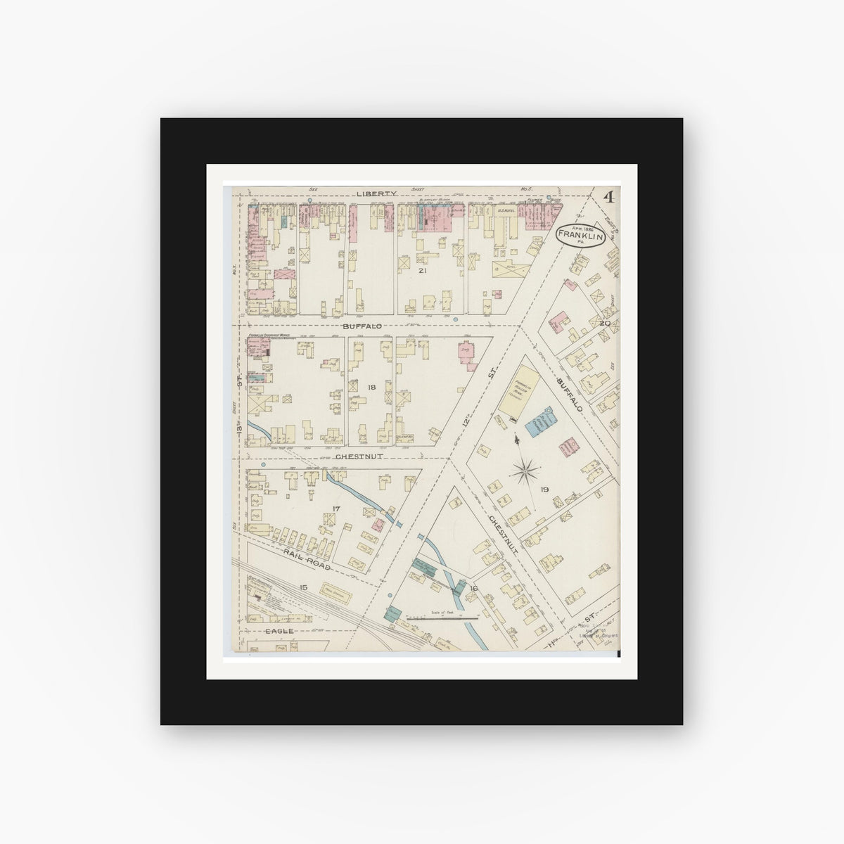 Old map wall art mockup — black gallery frame with white mat — Sanborn Fire Insurance Map from Franklin, Venango County, Pennsylvania (1888), Sheet #0004