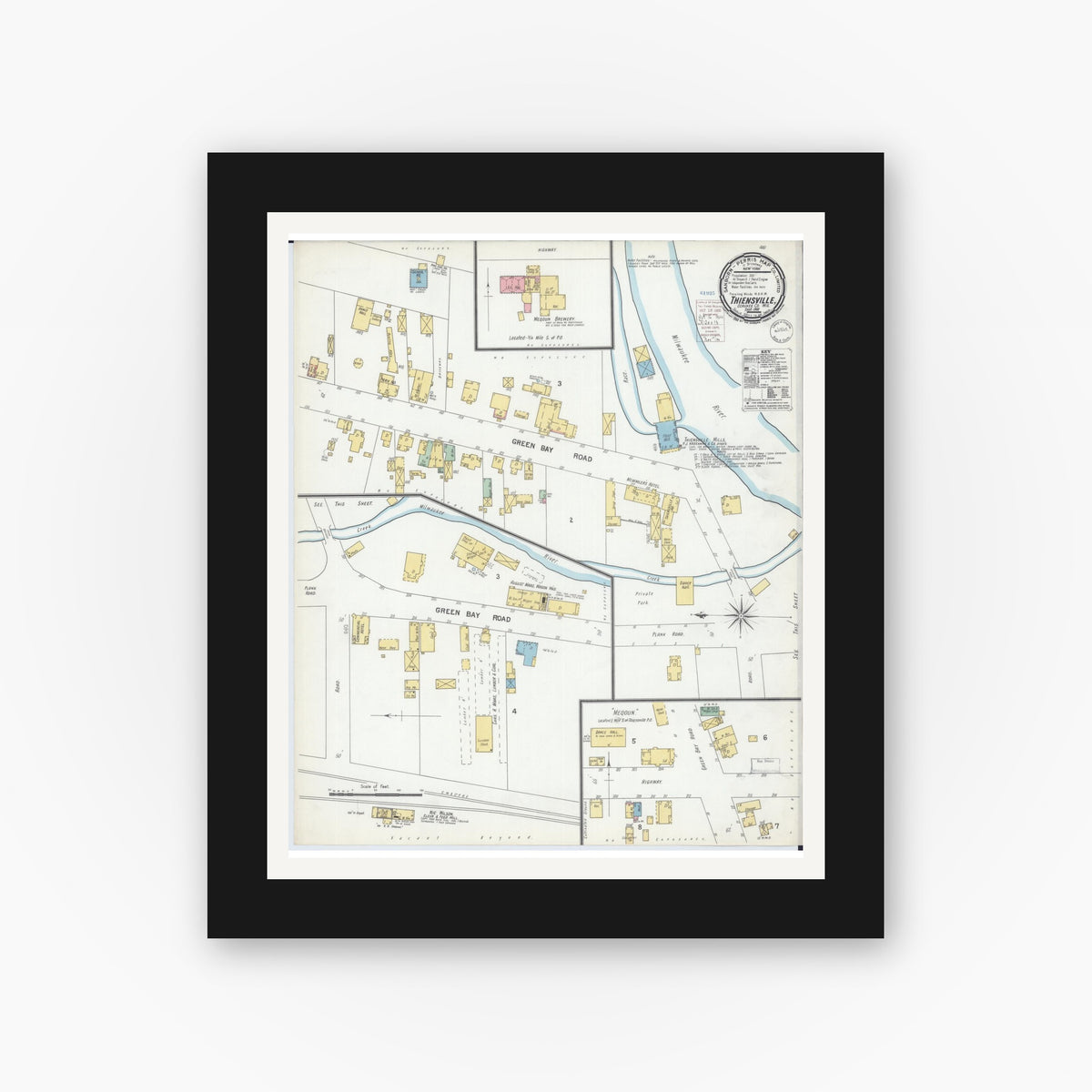 Old map wall art mockup — black gallery frame with white mat — Sanborn Fire Insurance Map from Thiensville, Ozaukee County, Wisconsin (1900), Sheet #0001