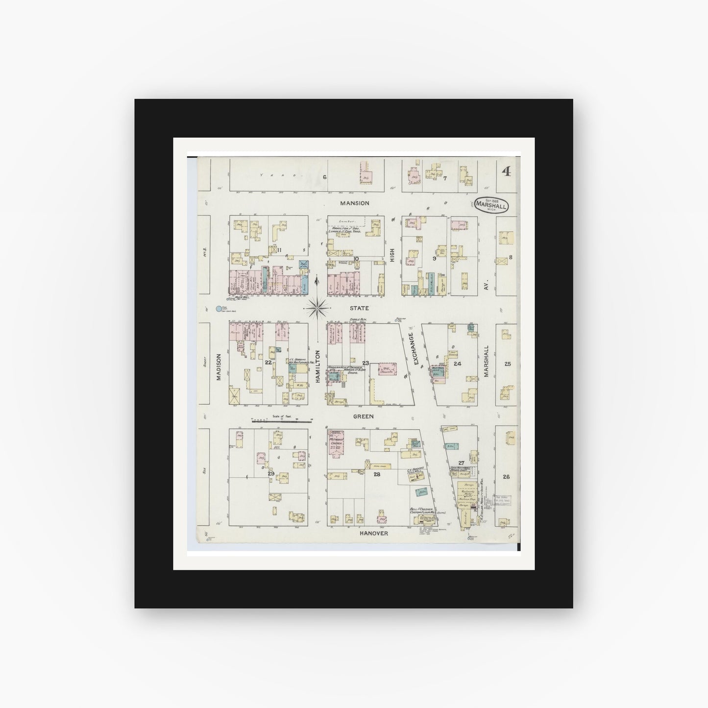 Old map wall art mockup — black gallery frame with white mat — Sanborn Fire Insurance Map from Marshall, Calhoun County, Michigan (1888), Sheet #0004