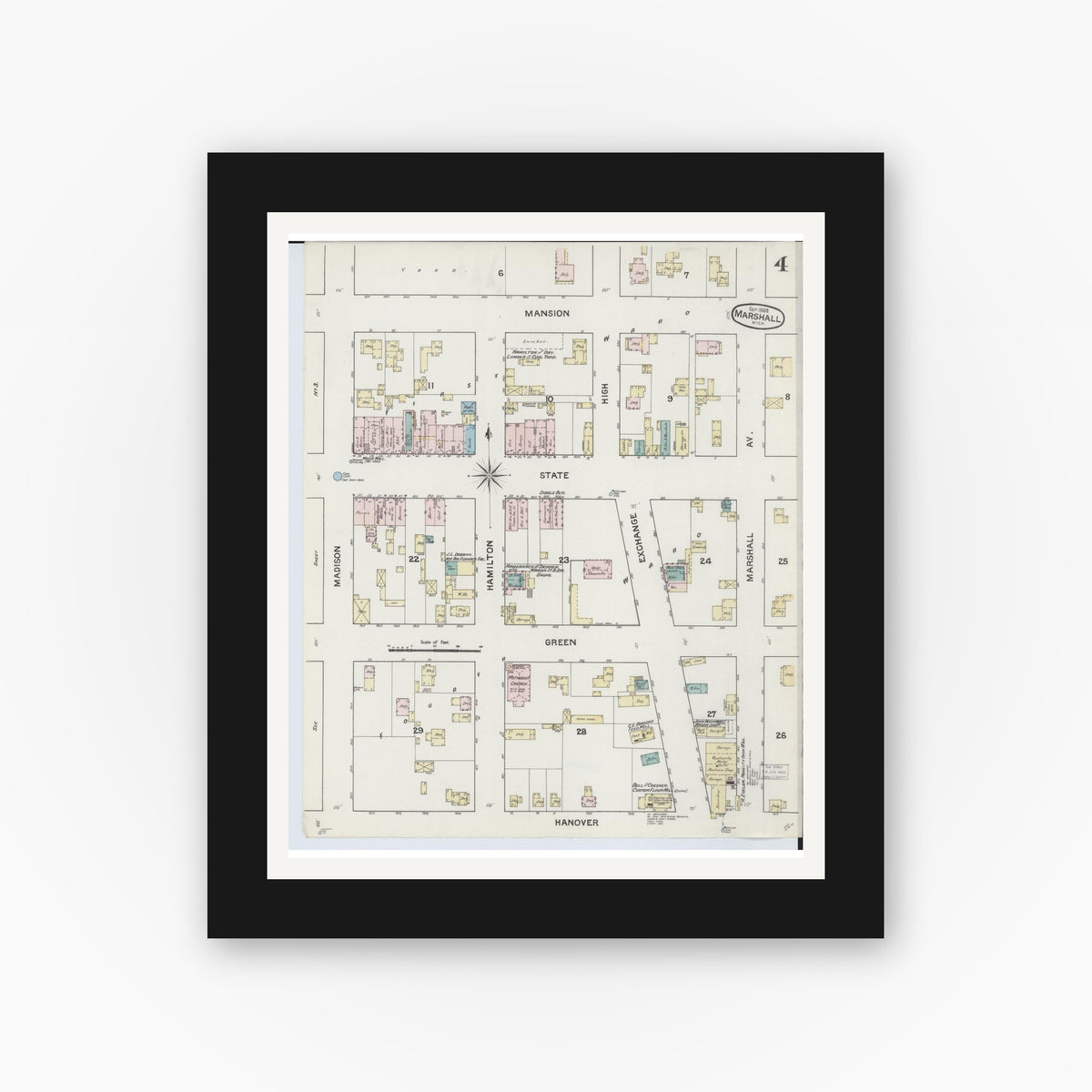 Old map wall art mockup — black gallery frame with white mat — Sanborn Fire Insurance Map from Marshall, Calhoun County, Michigan (1888), Sheet #0004