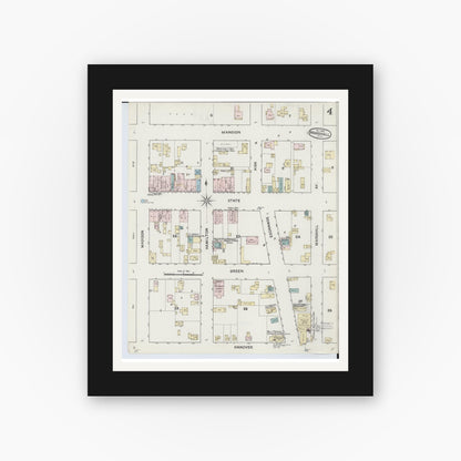 Old map wall art mockup — black gallery frame with white mat — Sanborn Fire Insurance Map from Marshall, Calhoun County, Michigan (1888), Sheet #0004