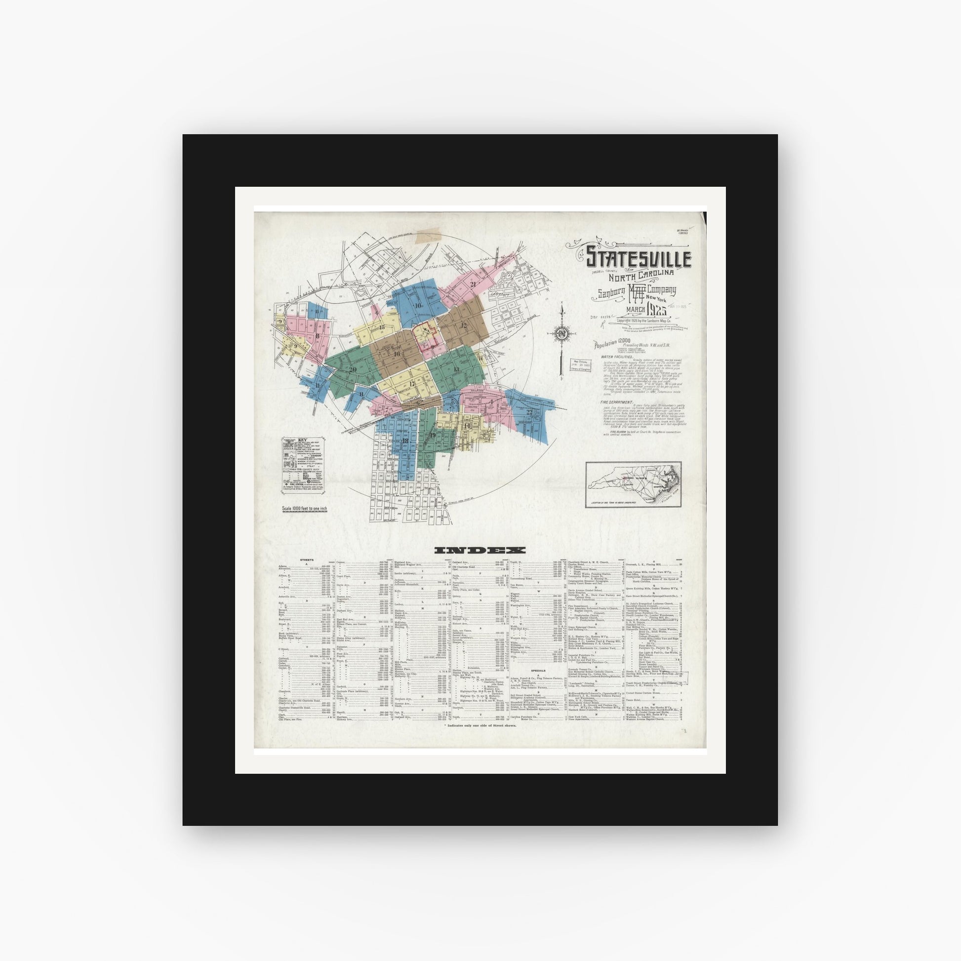 Old map wall art mockup — black gallery frame with white mat — Sanborn Fire Insurance Map from Statesville, Iredell County, North Carolina (1925) - Complete Map Set