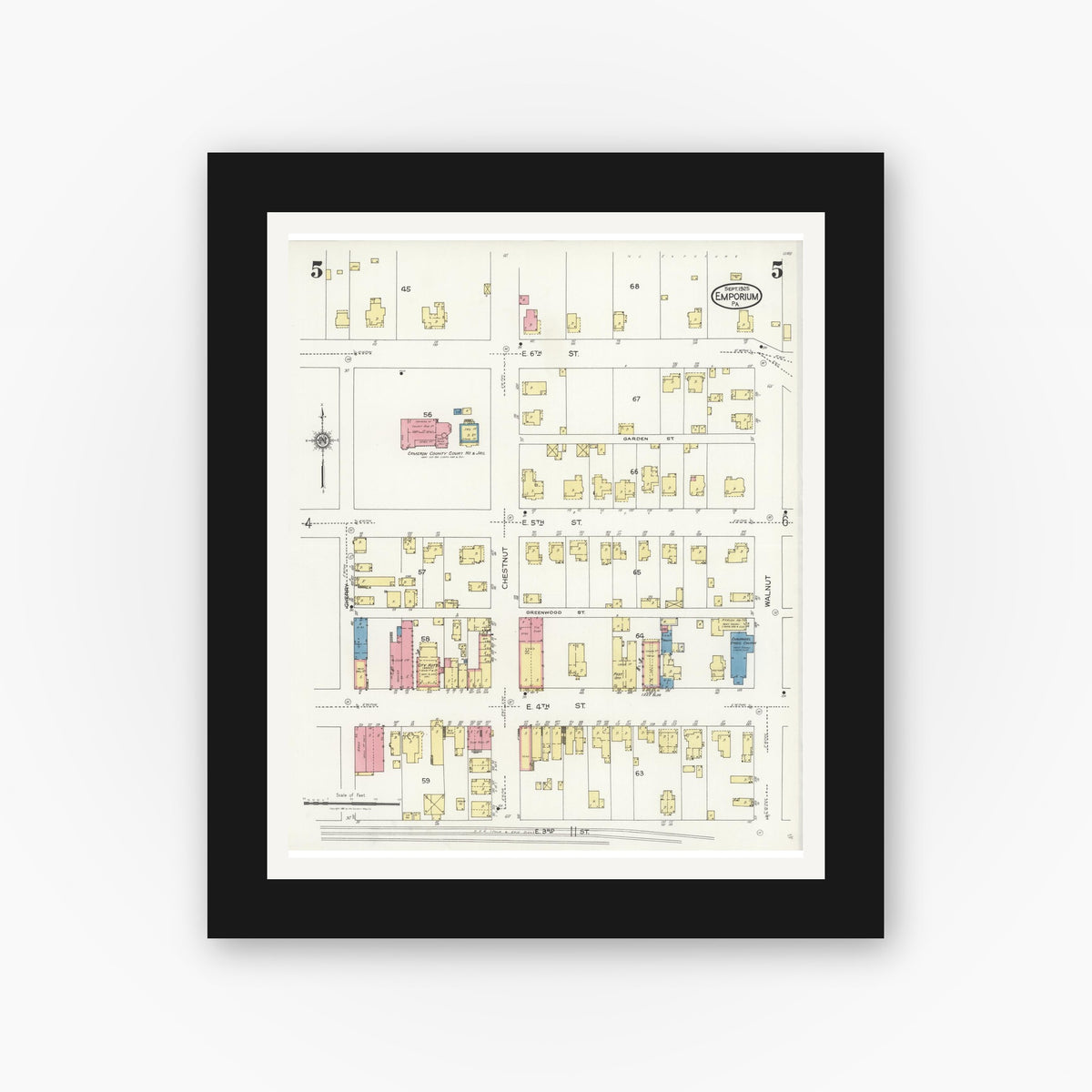 Old map wall art mockup — black gallery frame with white mat — Sanborn Fire Insurance Map from Emporium, Cameron County, Pennsylvania (1925), Sheet #0005