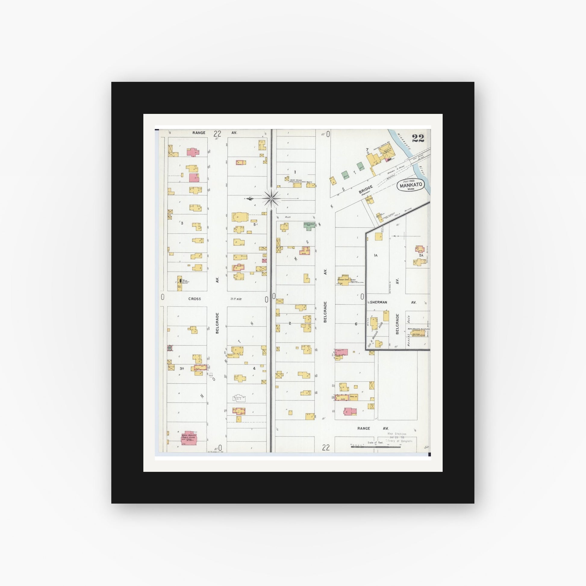 Old map wall art mockup — black gallery frame with white mat — Sanborn Fire Insurance Map from Mankato, Blue Earth County, Minnesota (1900), Sheet #0022