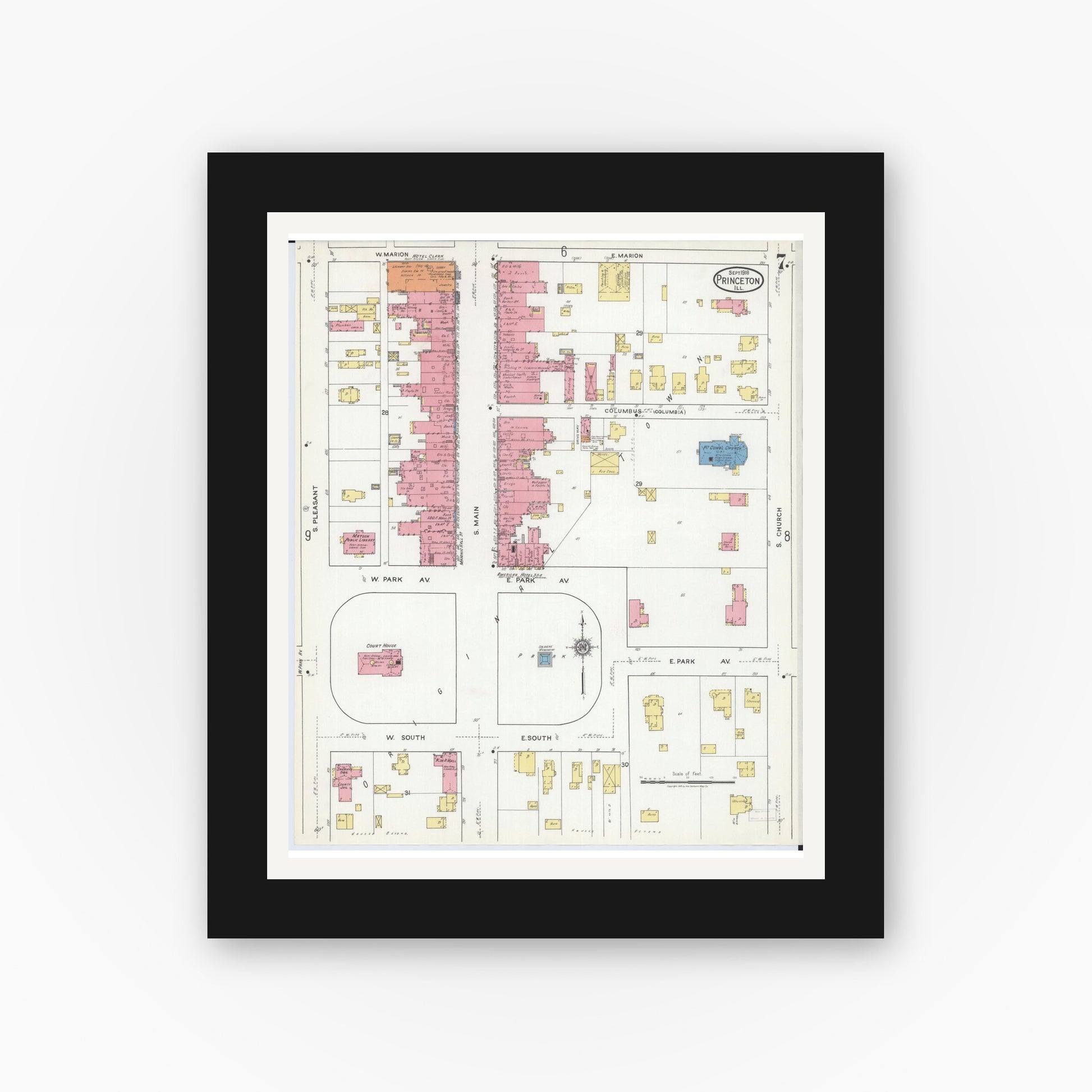 Old map wall art mockup — black gallery frame with white mat — Sanborn Fire Insurance Map from Princeton, Bureau County, Illinois (1918), Sheet #0007