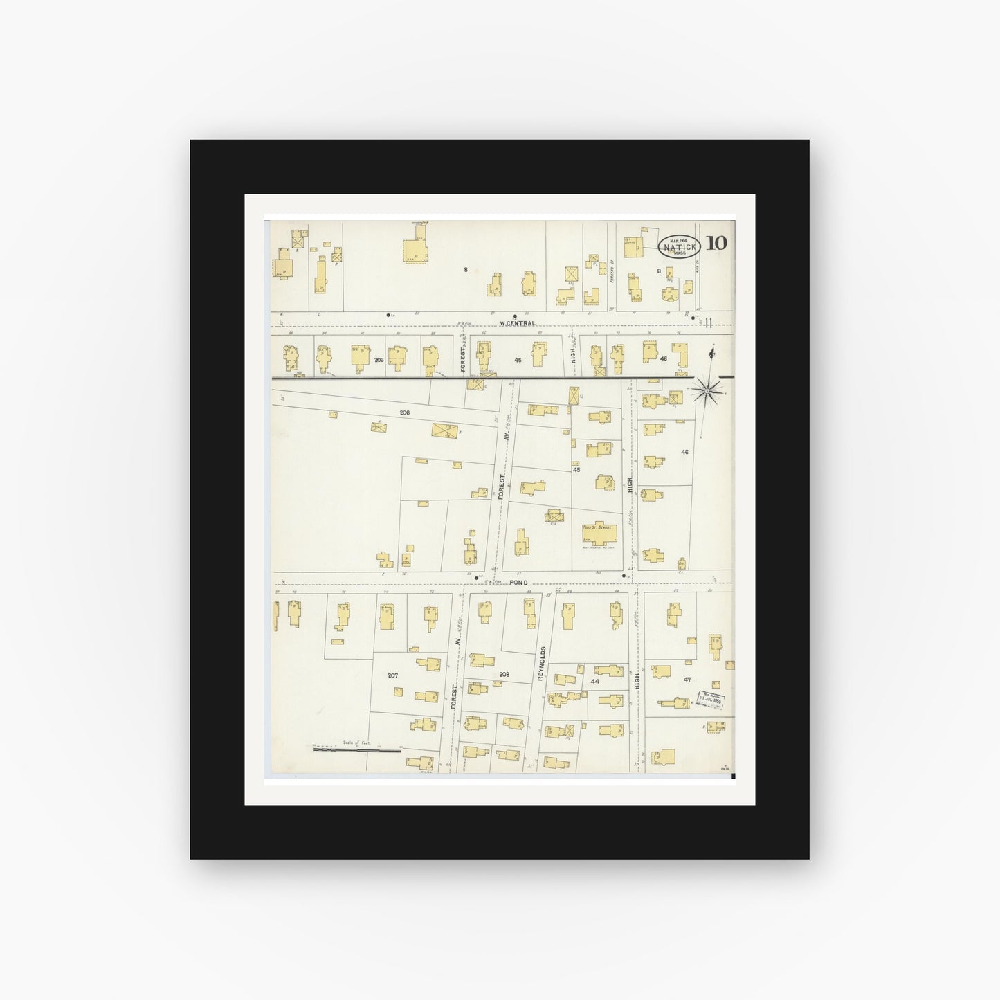 Old map wall art mockup — black gallery frame with white mat — Sanborn Fire Insurance Map from Natick, Middlesex County, Massachusetts (1904), Sheet #0010