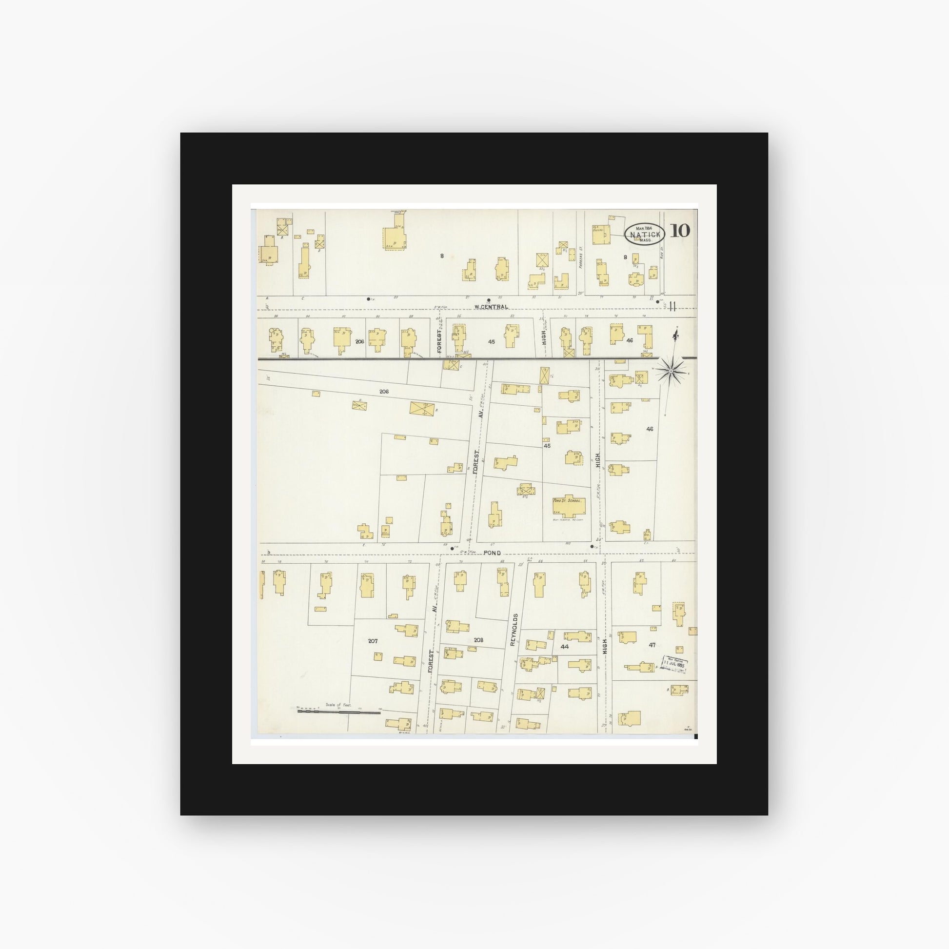 Old map wall art mockup — black gallery frame with white mat — Sanborn Fire Insurance Map from Natick, Middlesex County, Massachusetts (1904), Sheet #0010