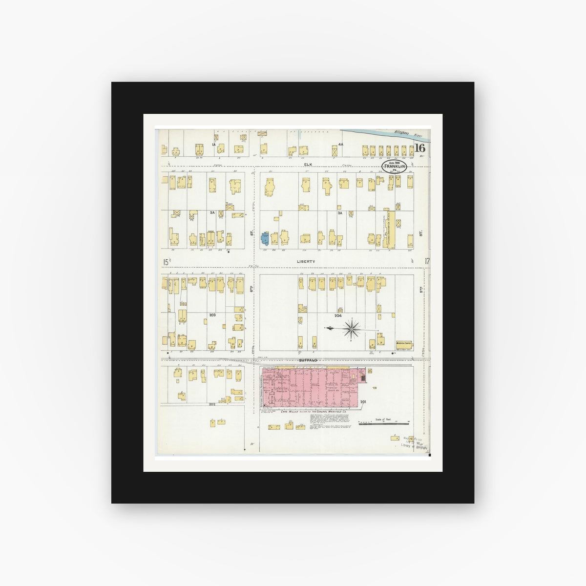Old map wall art mockup — black gallery frame with white mat — Sanborn Fire Insurance Map from Franklin, Venango County, Pennsylvania (1906), Sheet #0016