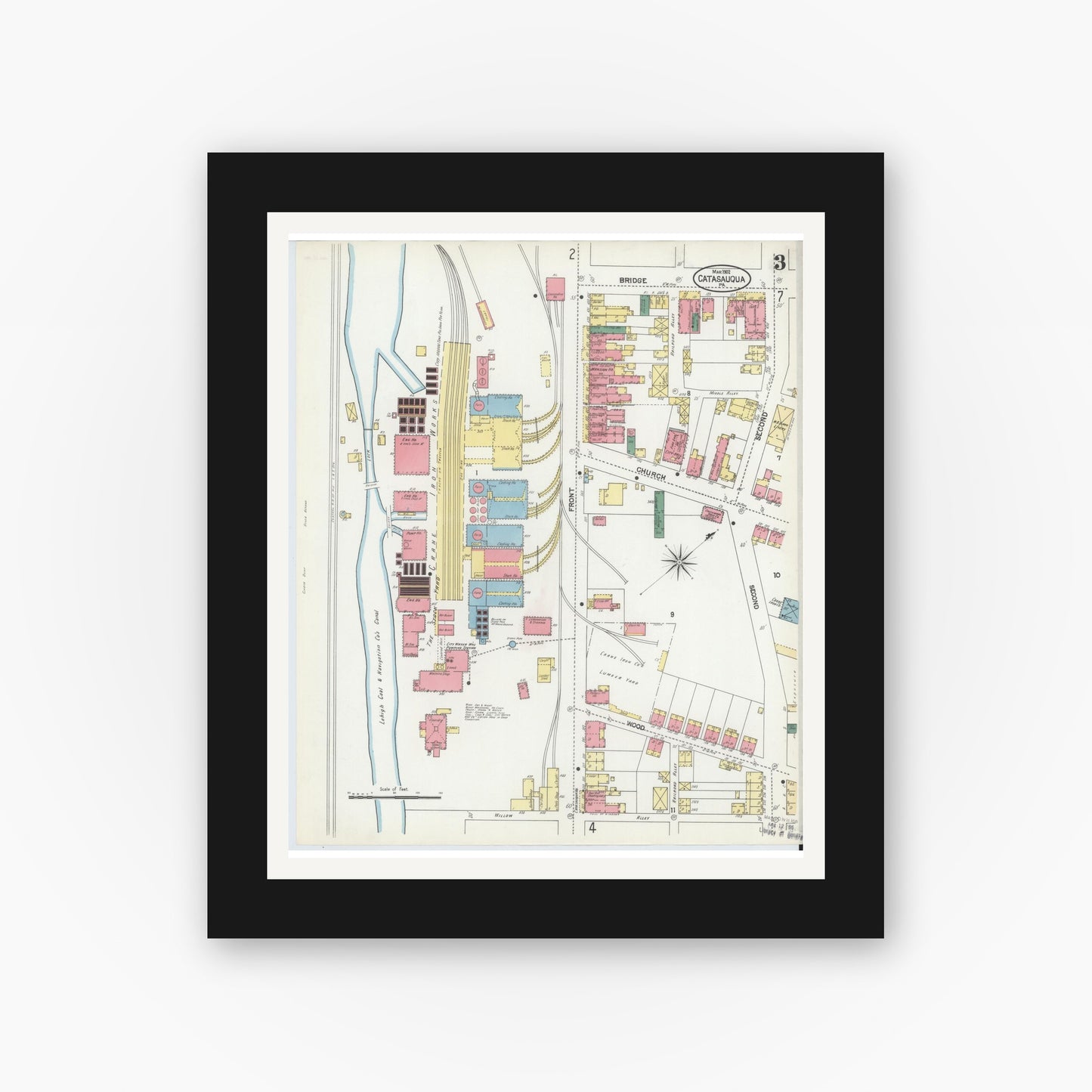 Old map wall art mockup — black gallery frame with white mat — Sanborn Fire Insurance Map from Catasauqua, Lehigh County, Pennsylvania (1902), Sheet #0003