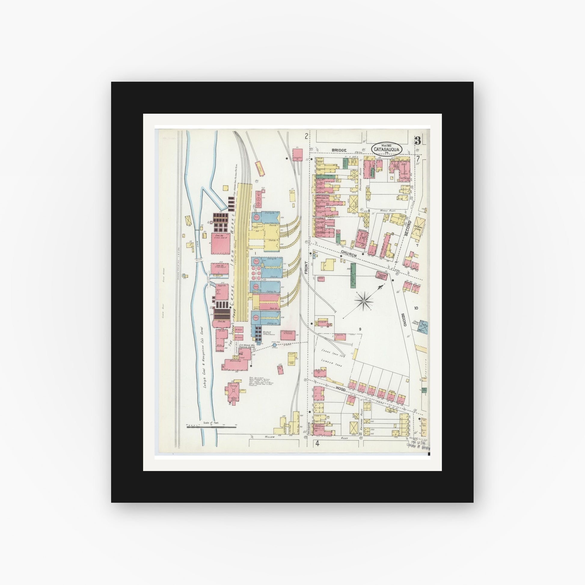 Old map wall art mockup — black gallery frame with white mat — Sanborn Fire Insurance Map from Catasauqua, Lehigh County, Pennsylvania (1902), Sheet #0003