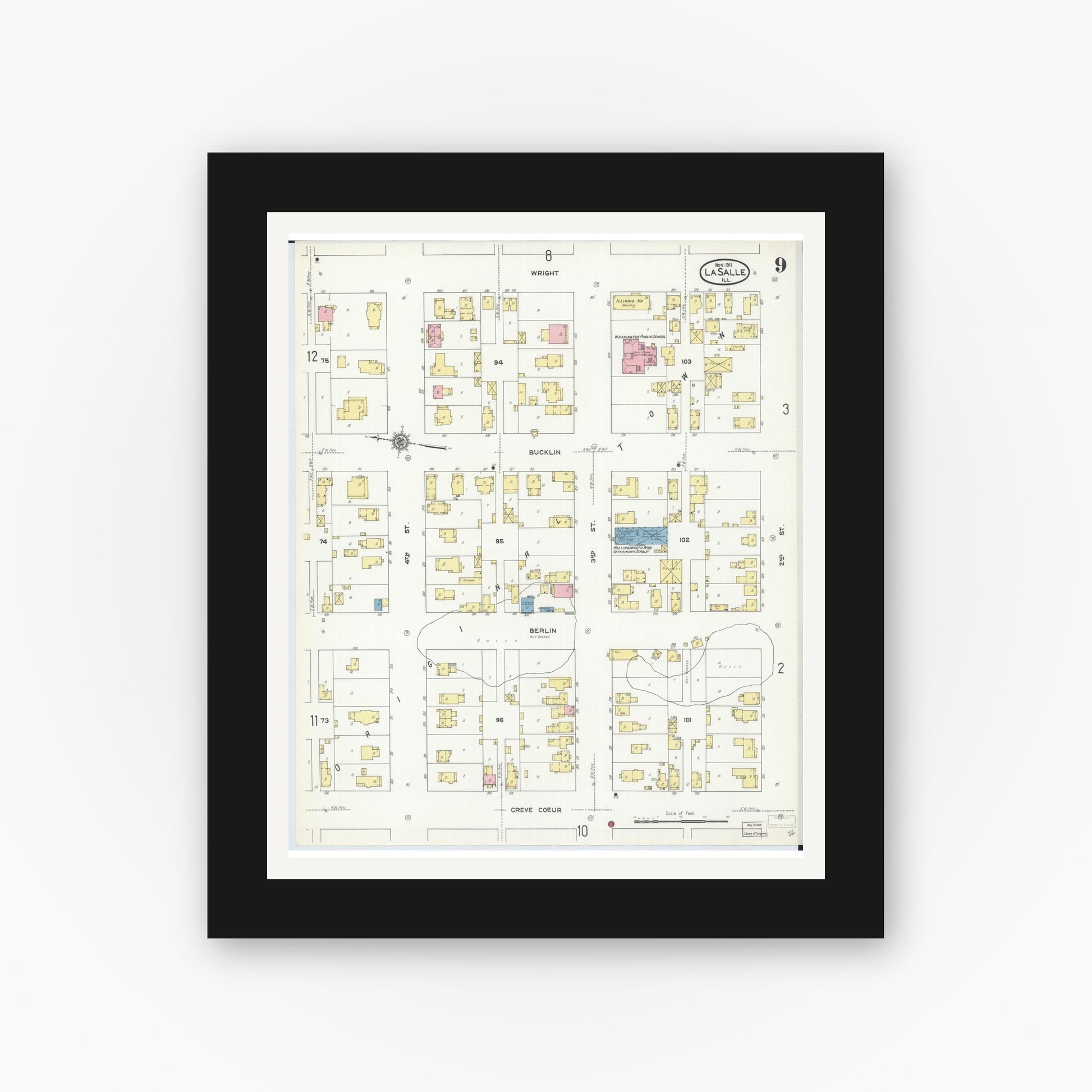 Old map wall art mockup — black gallery frame with white mat — Sanborn Fire Insurance Map from La Salle, La Salle County, Illinois (1911), Sheet #0009