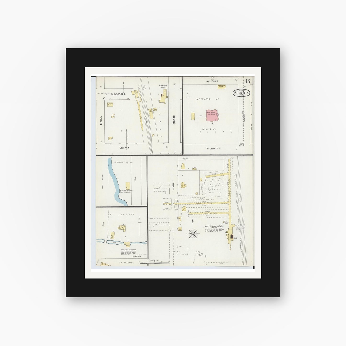 Old map wall art mockup — black gallery frame with white mat — Sanborn Fire Insurance Map from Reed City, Osceola County, Michigan (1895), Sheet #0008