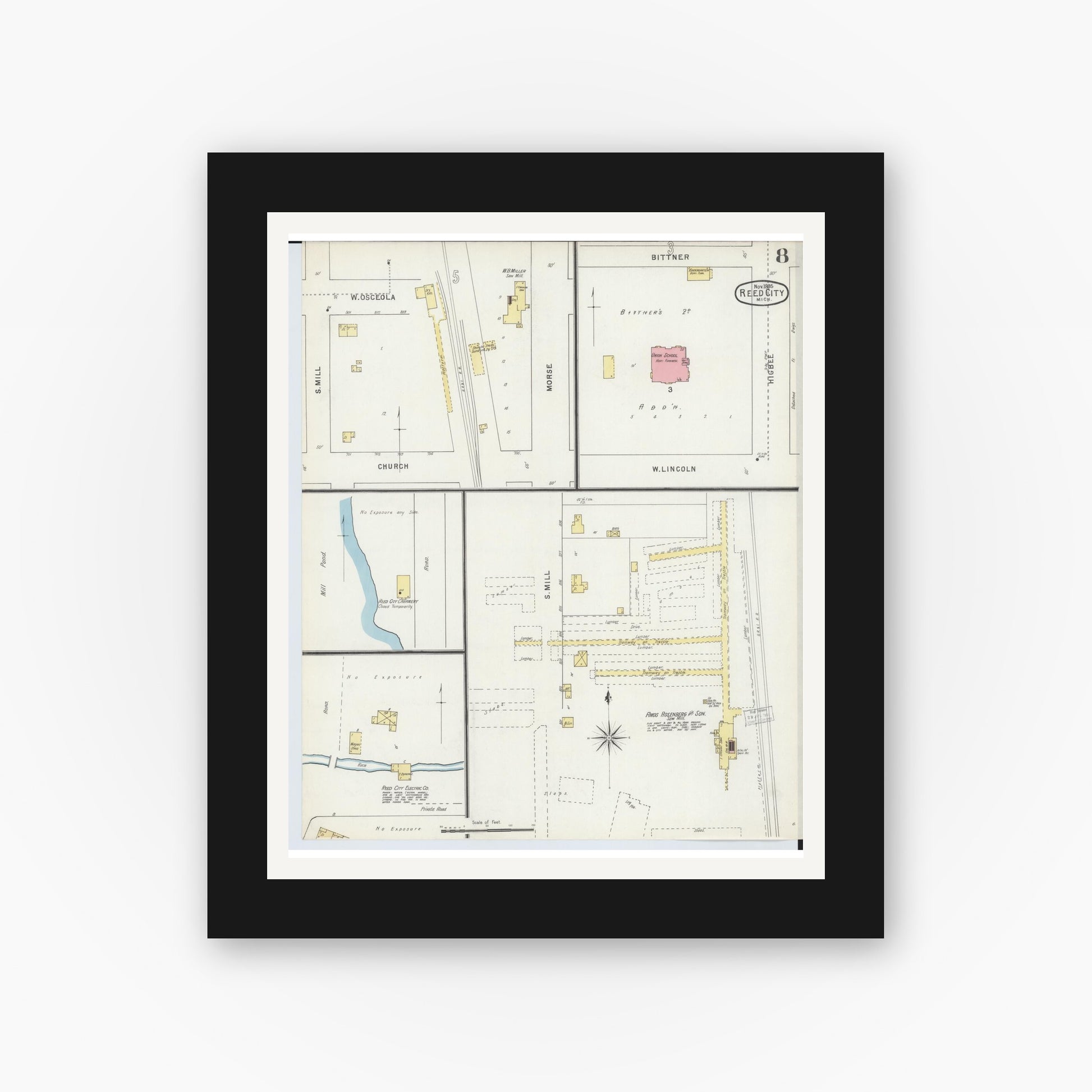 Old map wall art mockup — black gallery frame with white mat — Sanborn Fire Insurance Map from Reed City, Osceola County, Michigan (1895), Sheet #0008