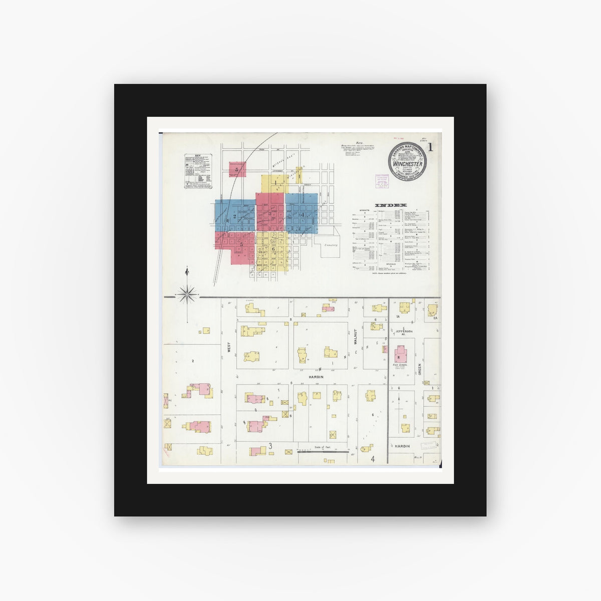 Old map wall art mockup — black gallery frame with white mat — Sanborn Fire Insurance Map from Winchester, Scott County, Illinois (1906), Sheet #0001