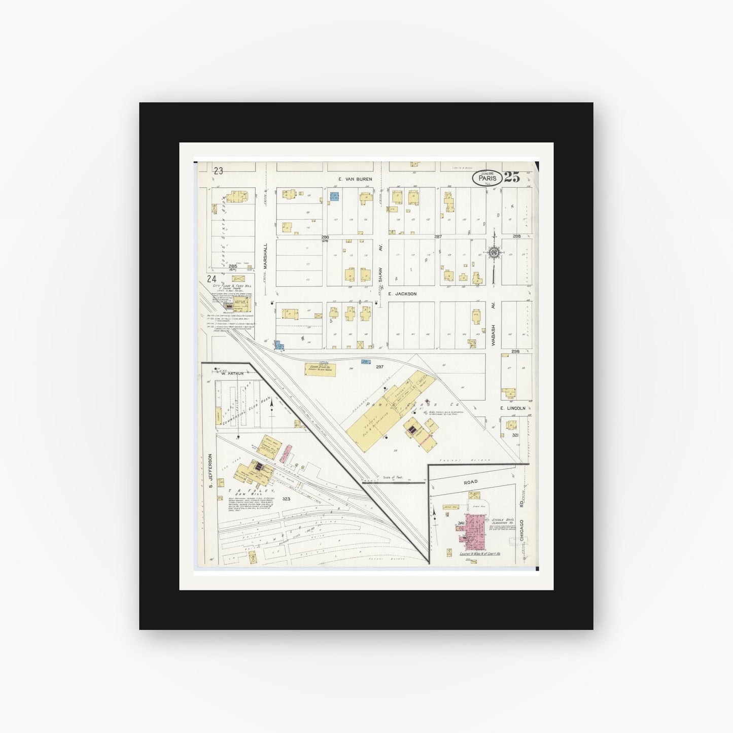 Old map wall art mockup — black gallery frame with white mat — Sanborn Fire Insurance Map from Paris, Edgar County, Illinois (1916), Sheet #0025
