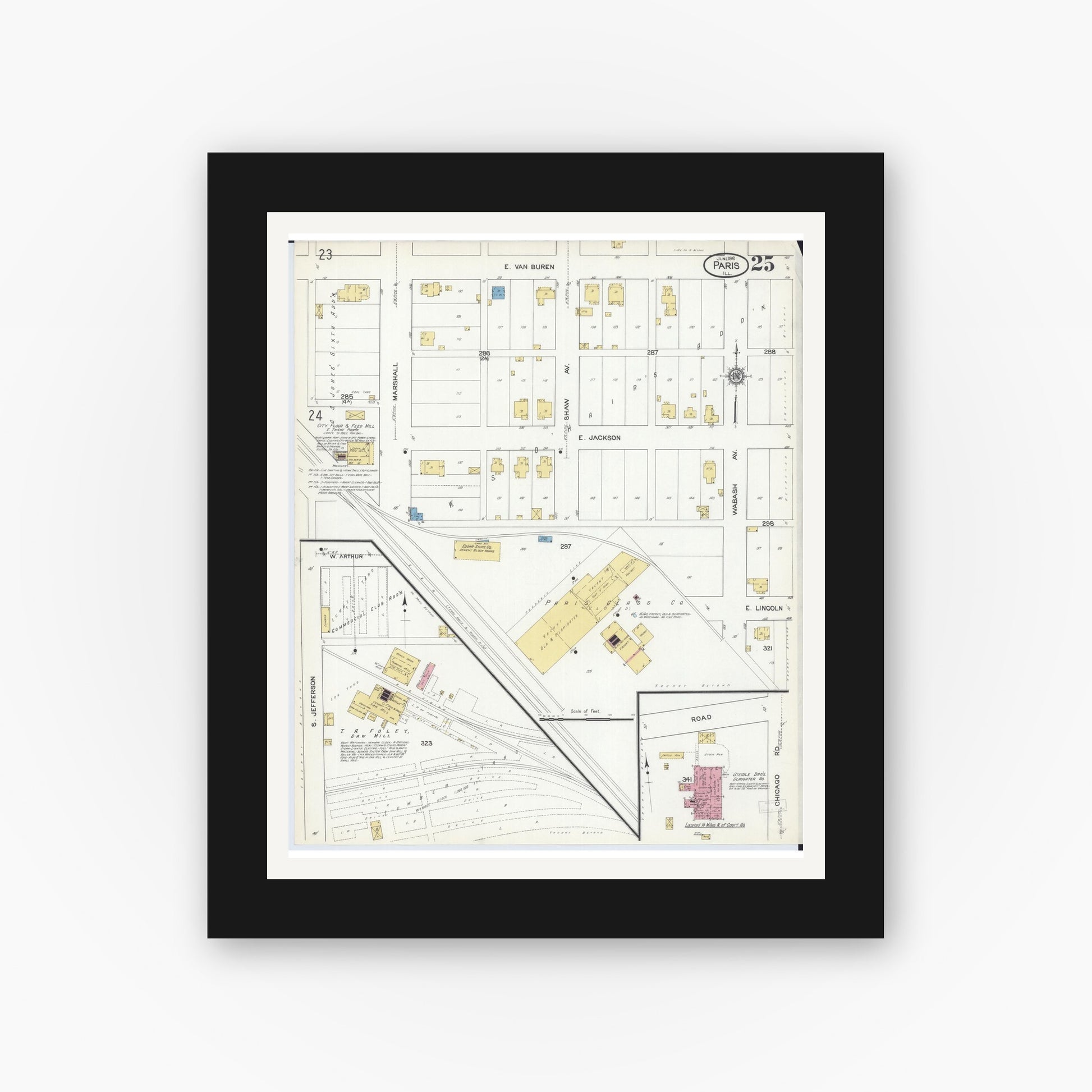 Old map wall art mockup — black gallery frame with white mat — Sanborn Fire Insurance Map from Paris, Edgar County, Illinois (1916), Sheet #0025