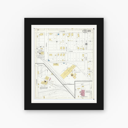 Old map wall art mockup — black gallery frame with white mat — Sanborn Fire Insurance Map from Paris, Edgar County, Illinois (1916), Sheet #0025