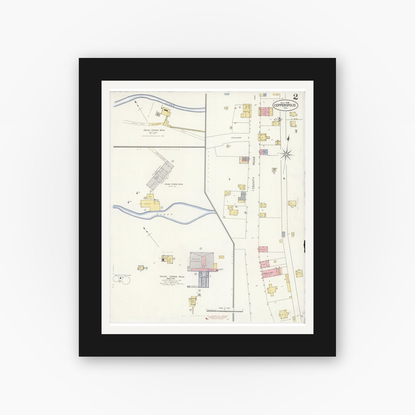 Old map wall art mockup — black gallery frame with white mat — Sanborn Fire Insurance Map from Copperopolis, Calaveras County, California (1908), Sheet #0002