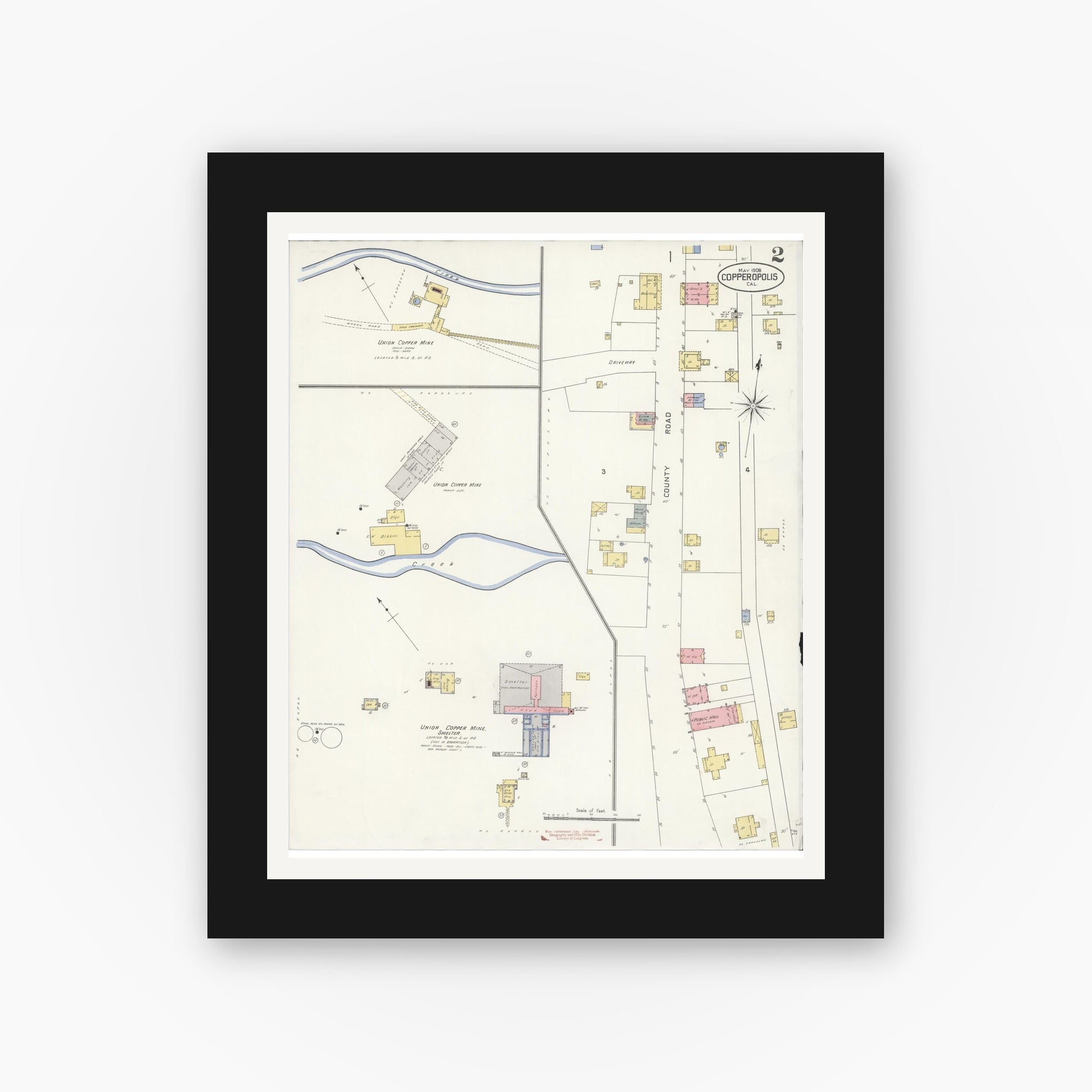 Old map wall art mockup — black gallery frame with white mat — Sanborn Fire Insurance Map from Copperopolis, Calaveras County, California (1908), Sheet #0002