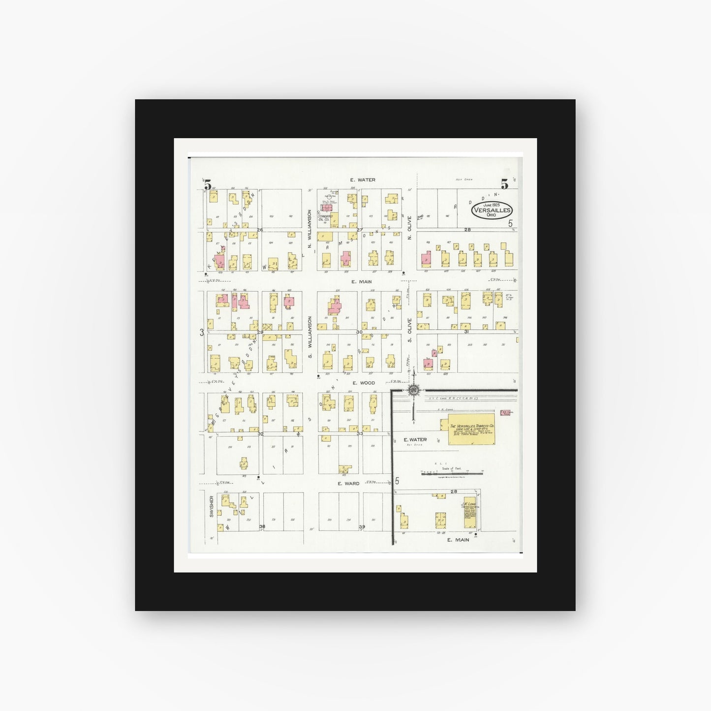 Old map wall art mockup — black gallery frame with white mat — Sanborn Fire Insurance Map from Versailles, Darke County, Ohio (1925), Sheet #0005
