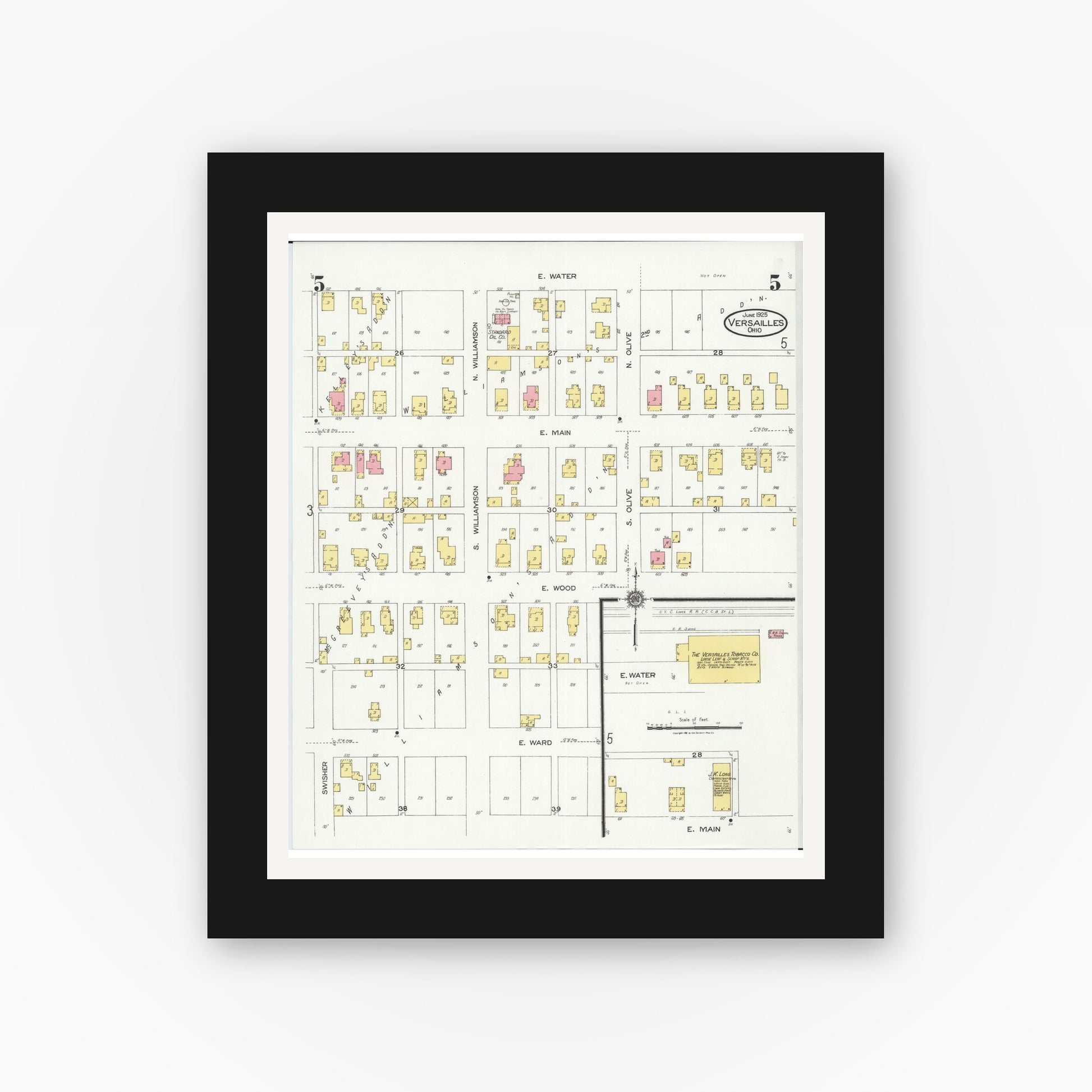 Old map wall art mockup — black gallery frame with white mat — Sanborn Fire Insurance Map from Versailles, Darke County, Ohio (1925), Sheet #0005