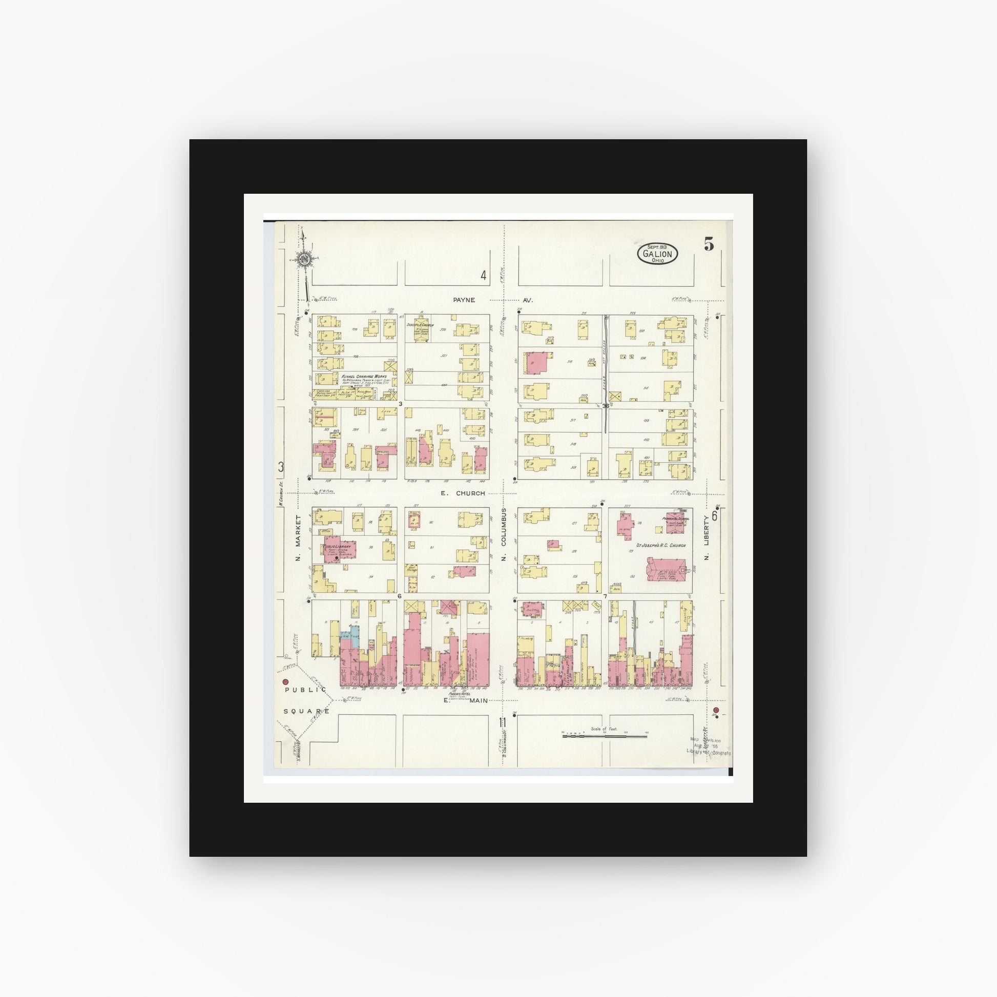 Old map wall art mockup — black gallery frame with white mat — Sanborn Fire Insurance Map from Galion, Crawford County, Ohio (1913), Sheet #0005