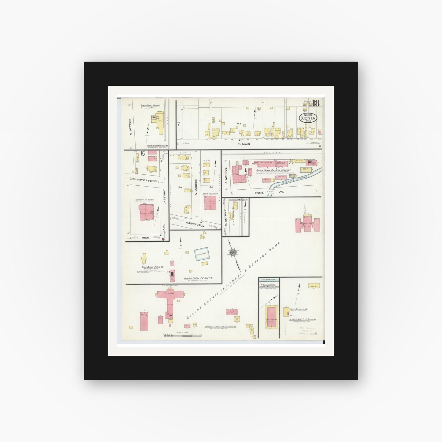 Old map wall art mockup — black gallery frame with white mat — Sanborn Fire Insurance Map from Xenia, Greene County, Ohio (1910), Sheet #0018