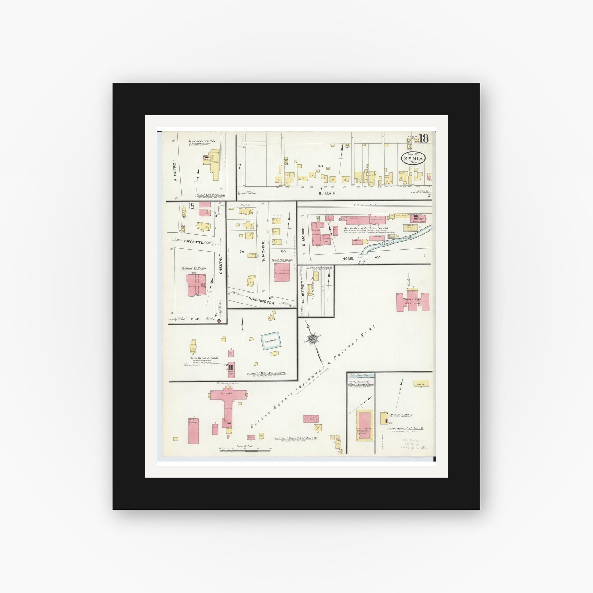 Old map wall art mockup — black gallery frame with white mat — Sanborn Fire Insurance Map from Xenia, Greene County, Ohio (1910), Sheet #0018