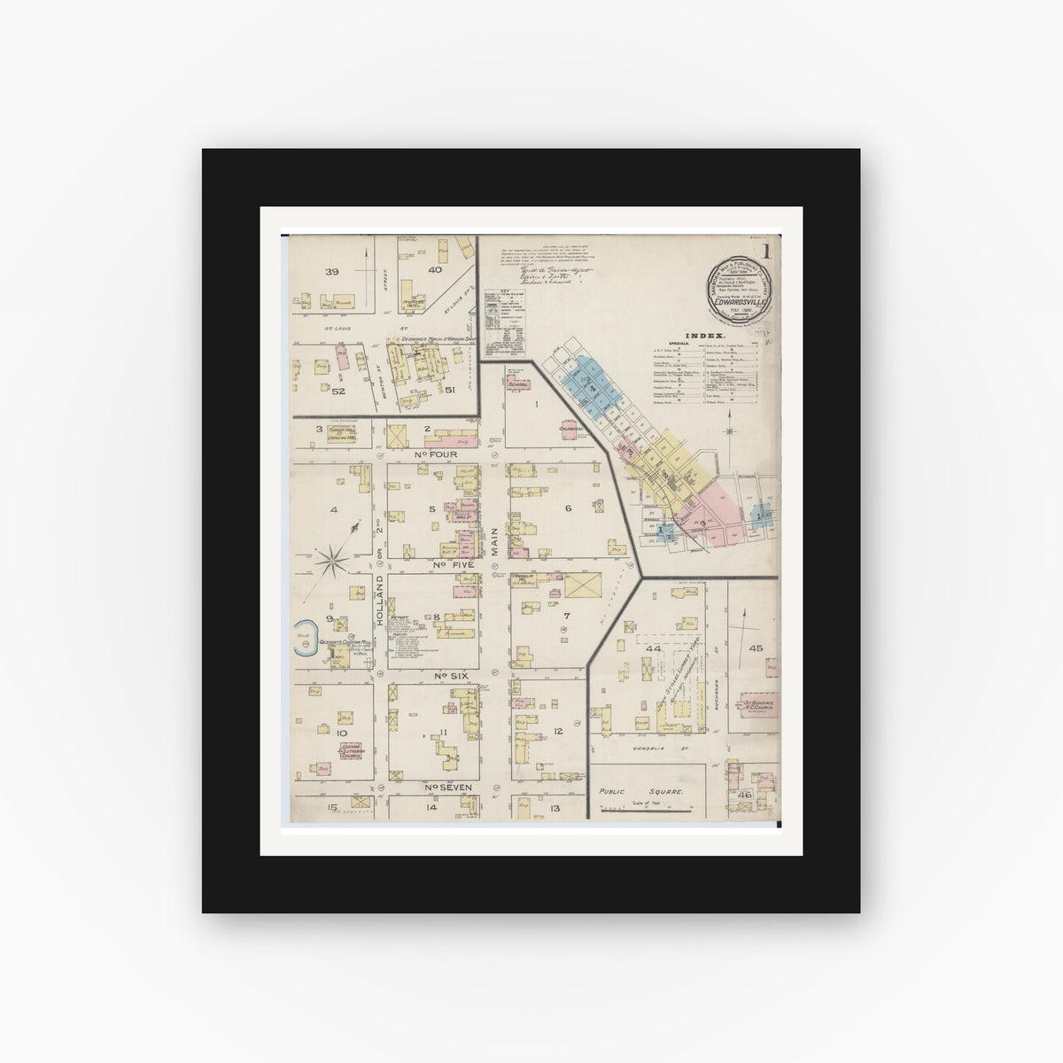 Old map wall art mockup — black gallery frame with white mat — Sanborn Fire Insurance Map from Edwardsville, Madison County, Illinois (1886), Sheet #0001
